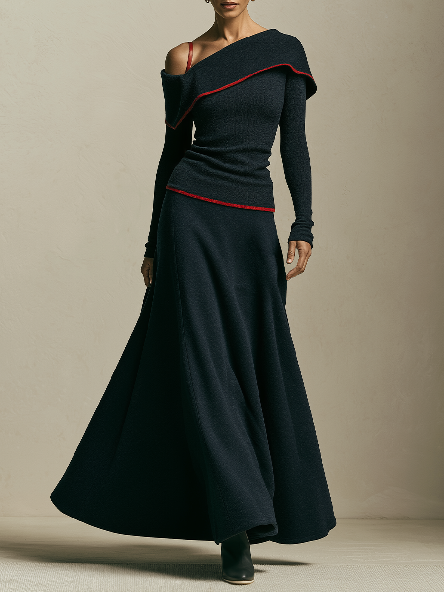 Women's Black Asymmetric Shoulder Knit Top & A-Line Maxi Skirt Set