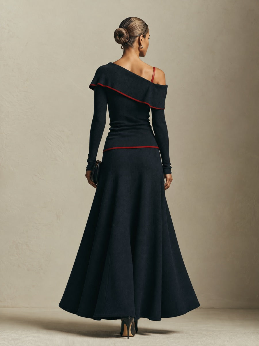 Women's Black Asymmetric Shoulder Knit Top & A-Line Maxi Skirt Set