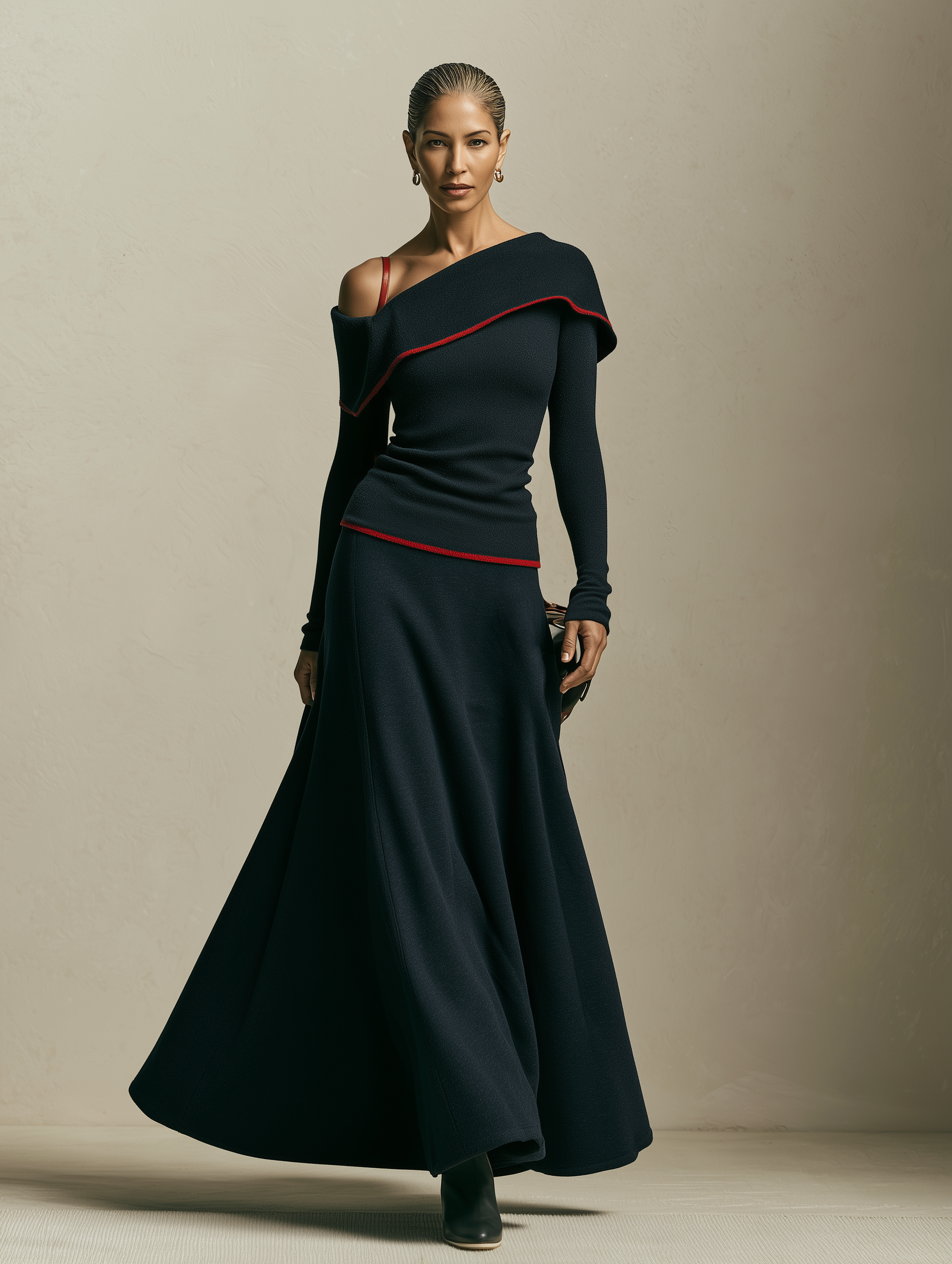 Women's Black Asymmetric Shoulder Knit Top & A-Line Maxi Skirt Set