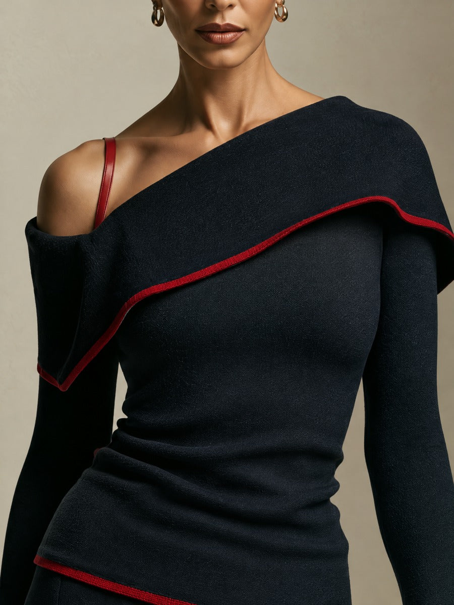 Women's Black Asymmetric Shoulder Knit Top & A-Line Maxi Skirt Set