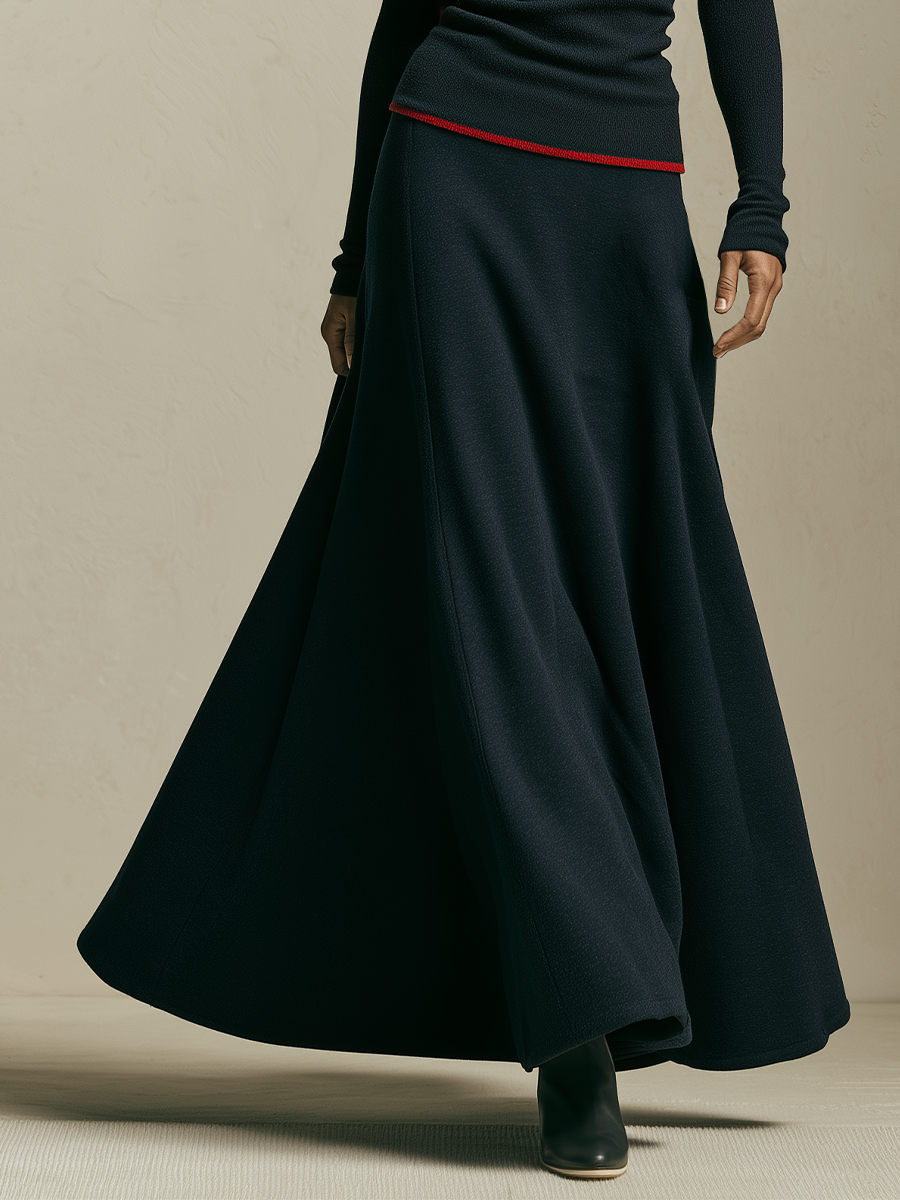 Women's Black Asymmetric Shoulder Knit Top & A-Line Maxi Skirt Set