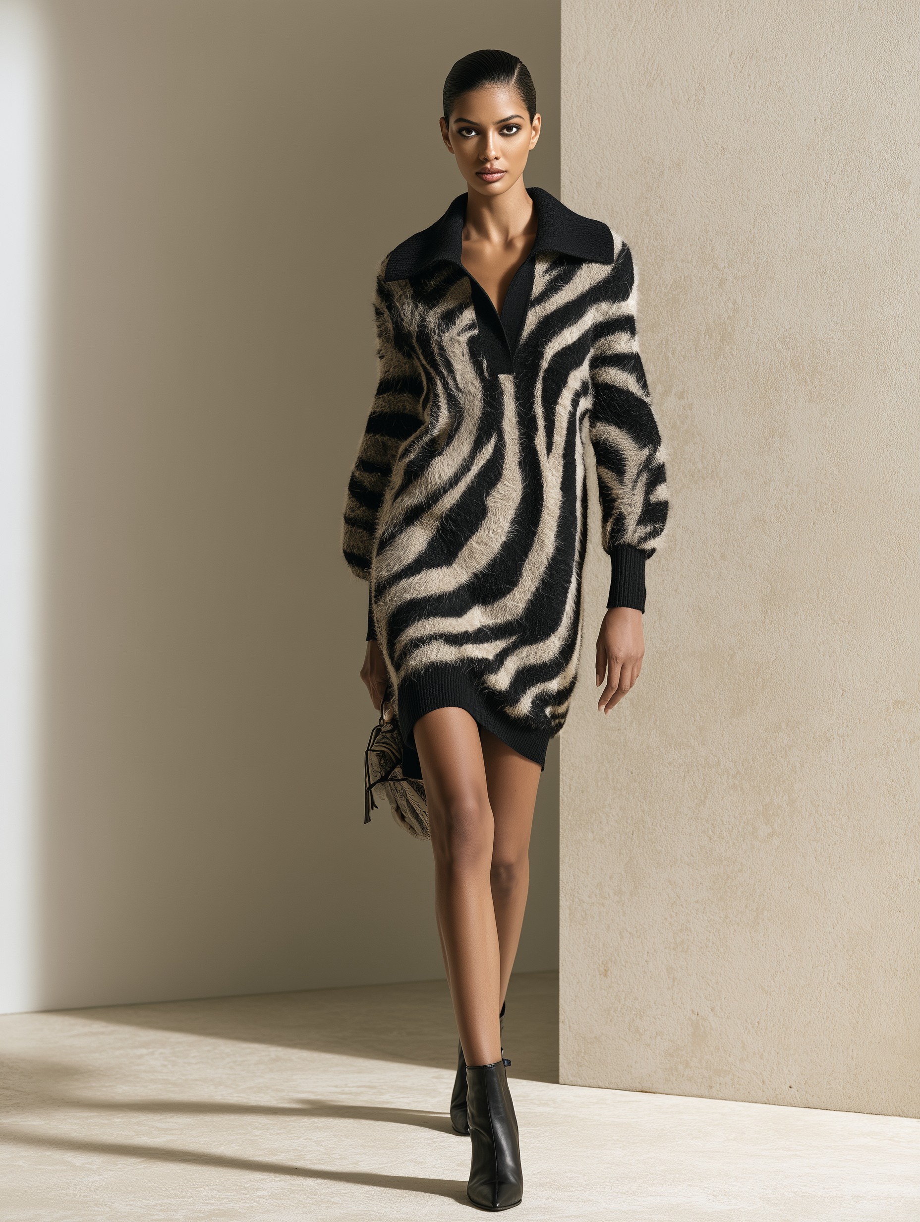 Women's Zebra Pattern Fuzzy Sweater Mini Dress with Wide Collar