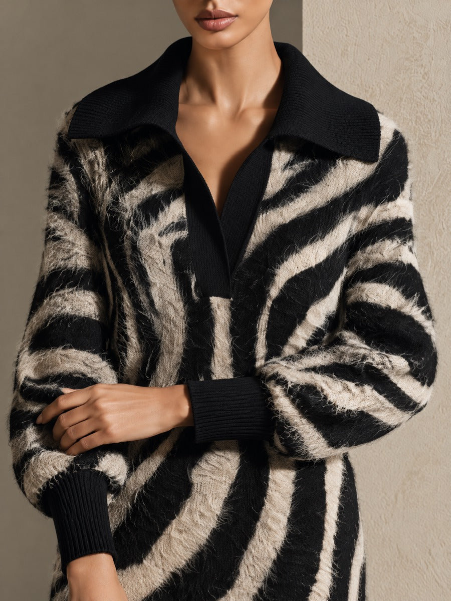Women's Zebra Pattern Fuzzy Sweater Mini Dress with Wide Collar