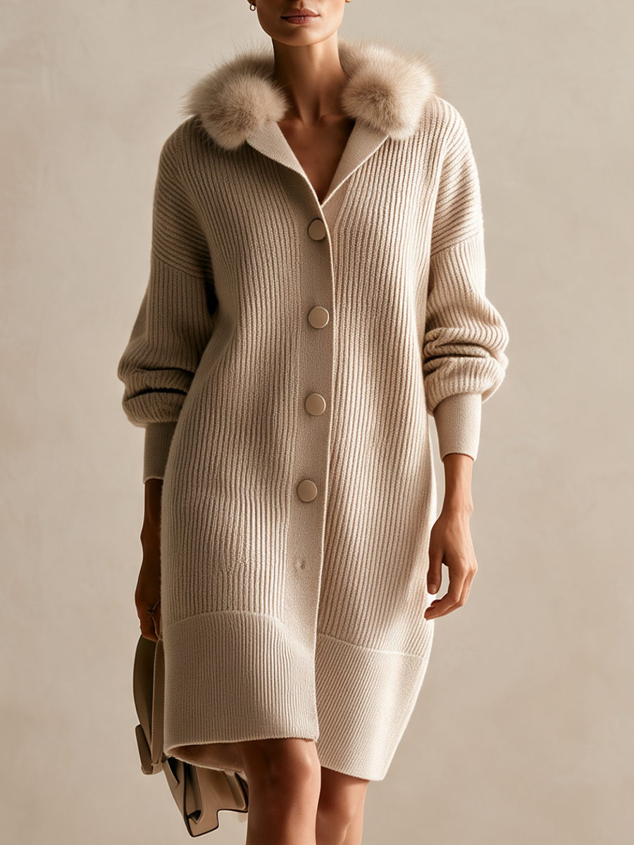 Women's Beige Rib-Knit Longline Cardigan with Fluffy Collar