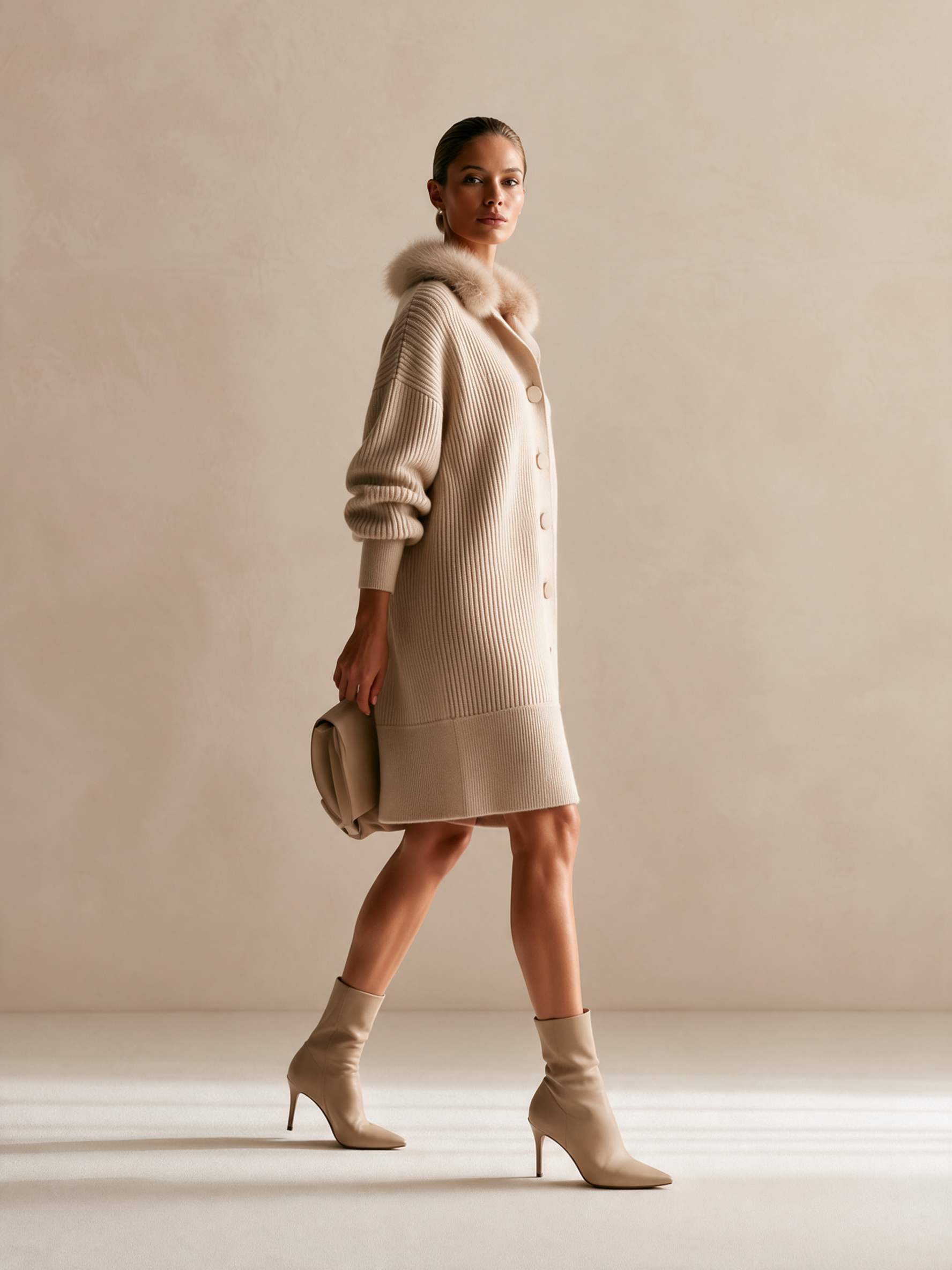 Women's Beige Rib-Knit Longline Cardigan with Fluffy Collar