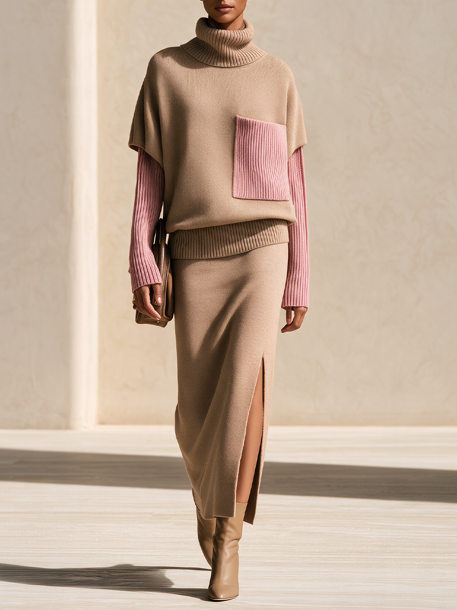 Women's Camel Knit Skirt Set with Contrast Pink Sleeves