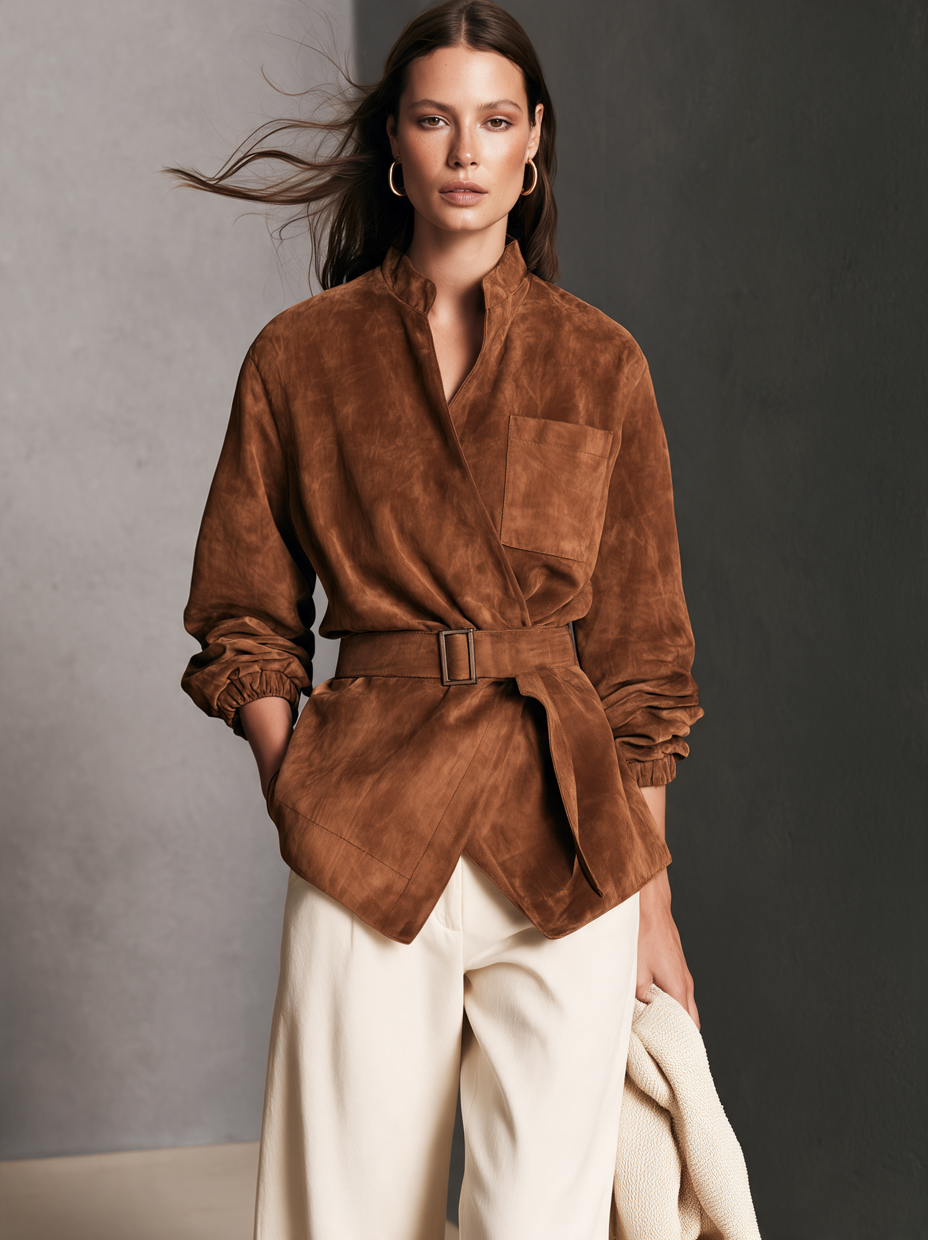 Women's Casual Brown Suede Long-sleeve Jacket