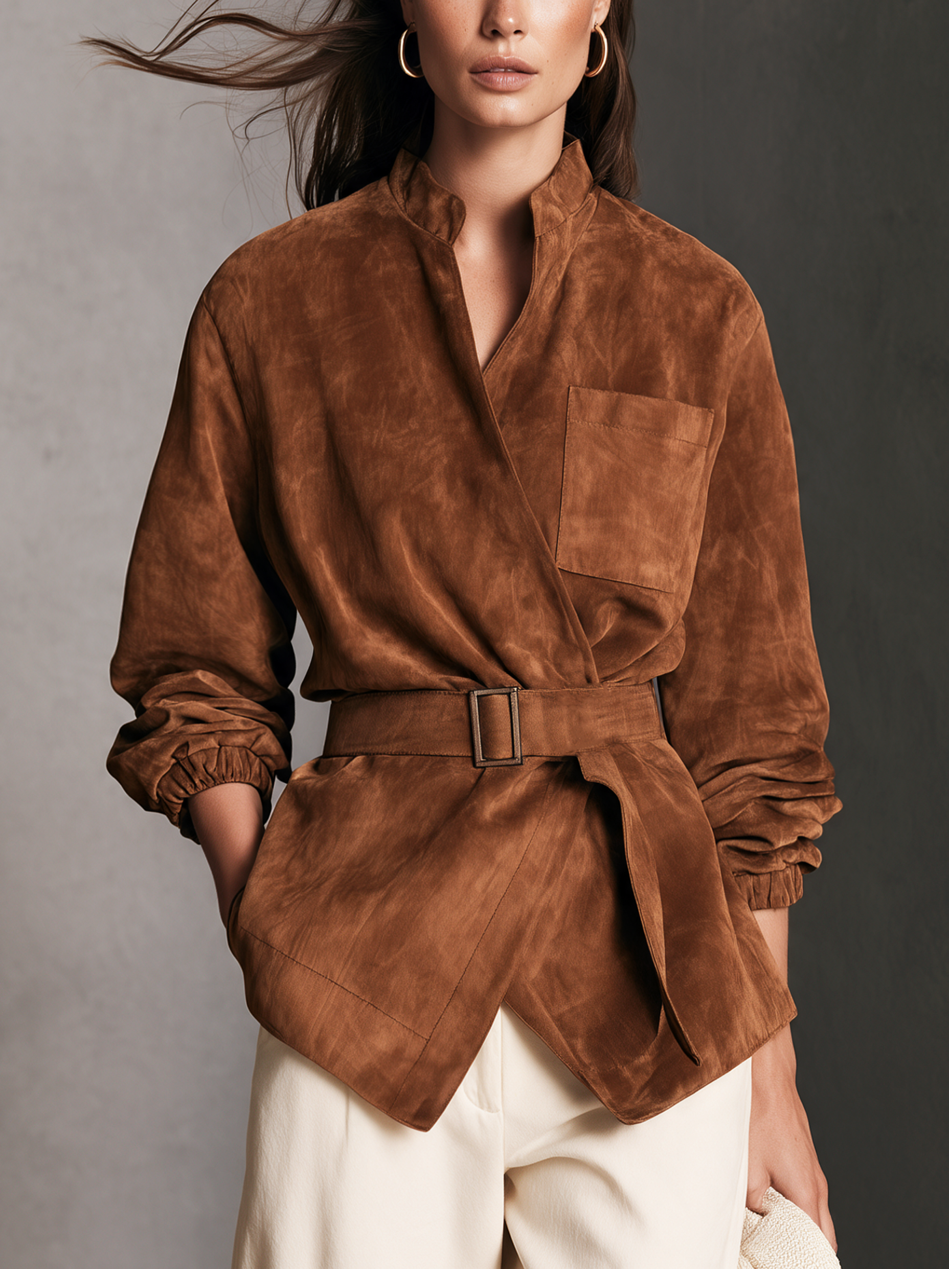 Women's Casual Brown Suede Long-sleeve Jacket