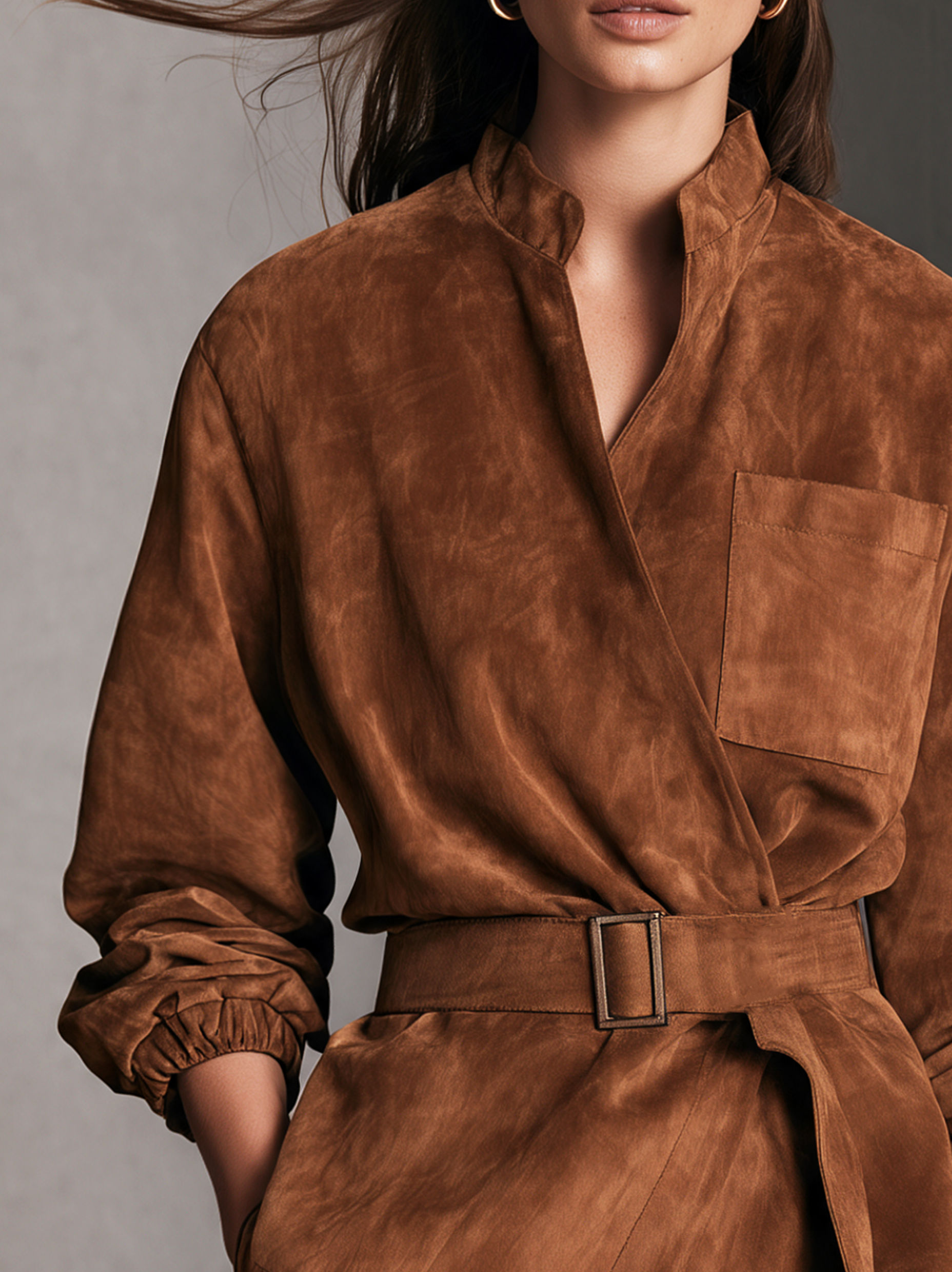 Women's Casual Brown Suede Long-sleeve Jacket