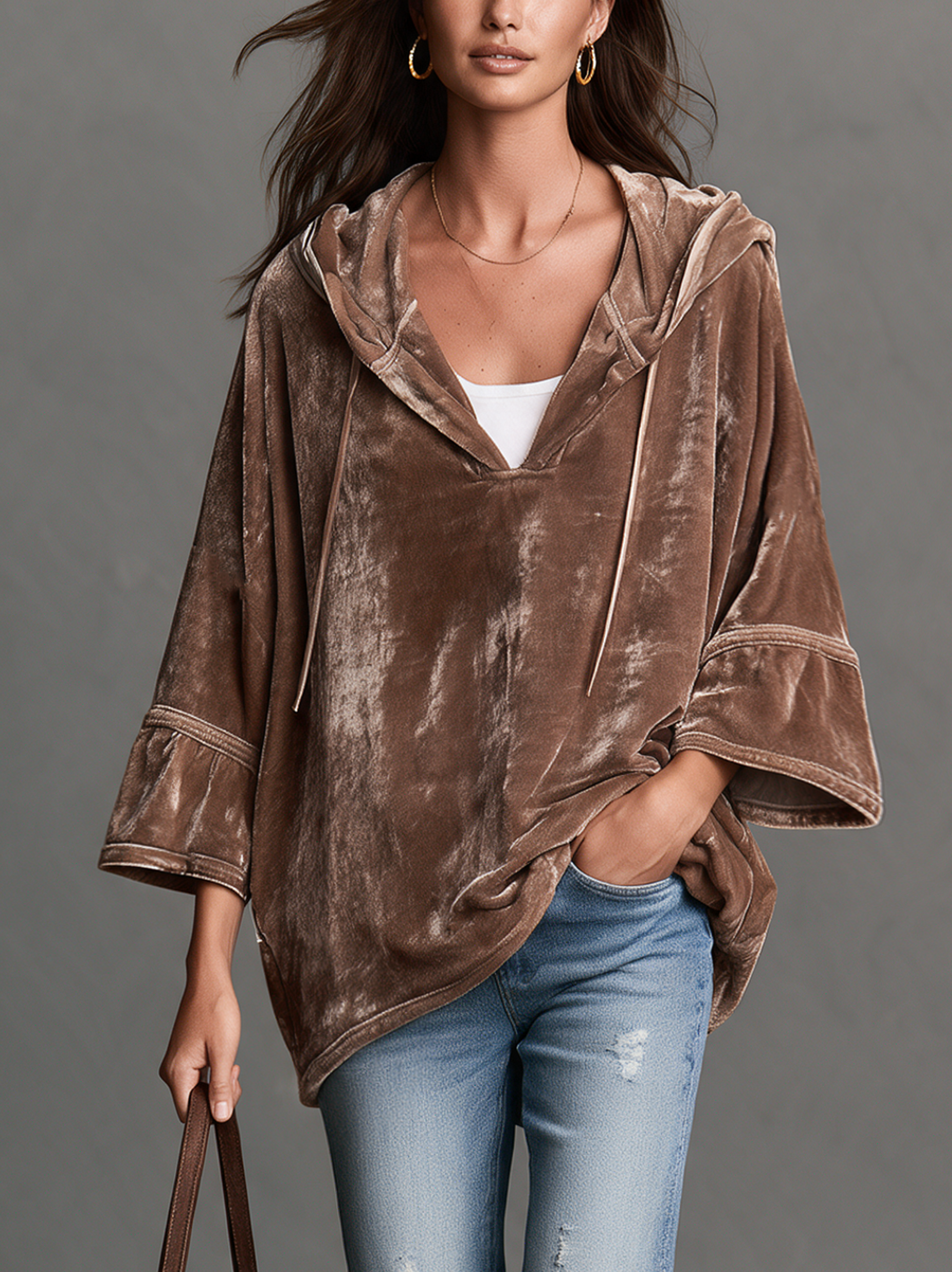 Women's Casual Brown Velvet Long-Sleeve Hoodie