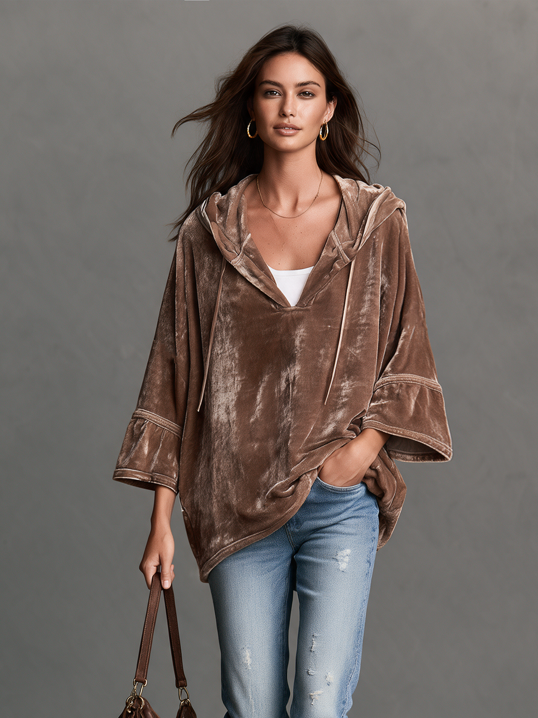 Women's Casual Brown Velvet Long-Sleeve Hoodie