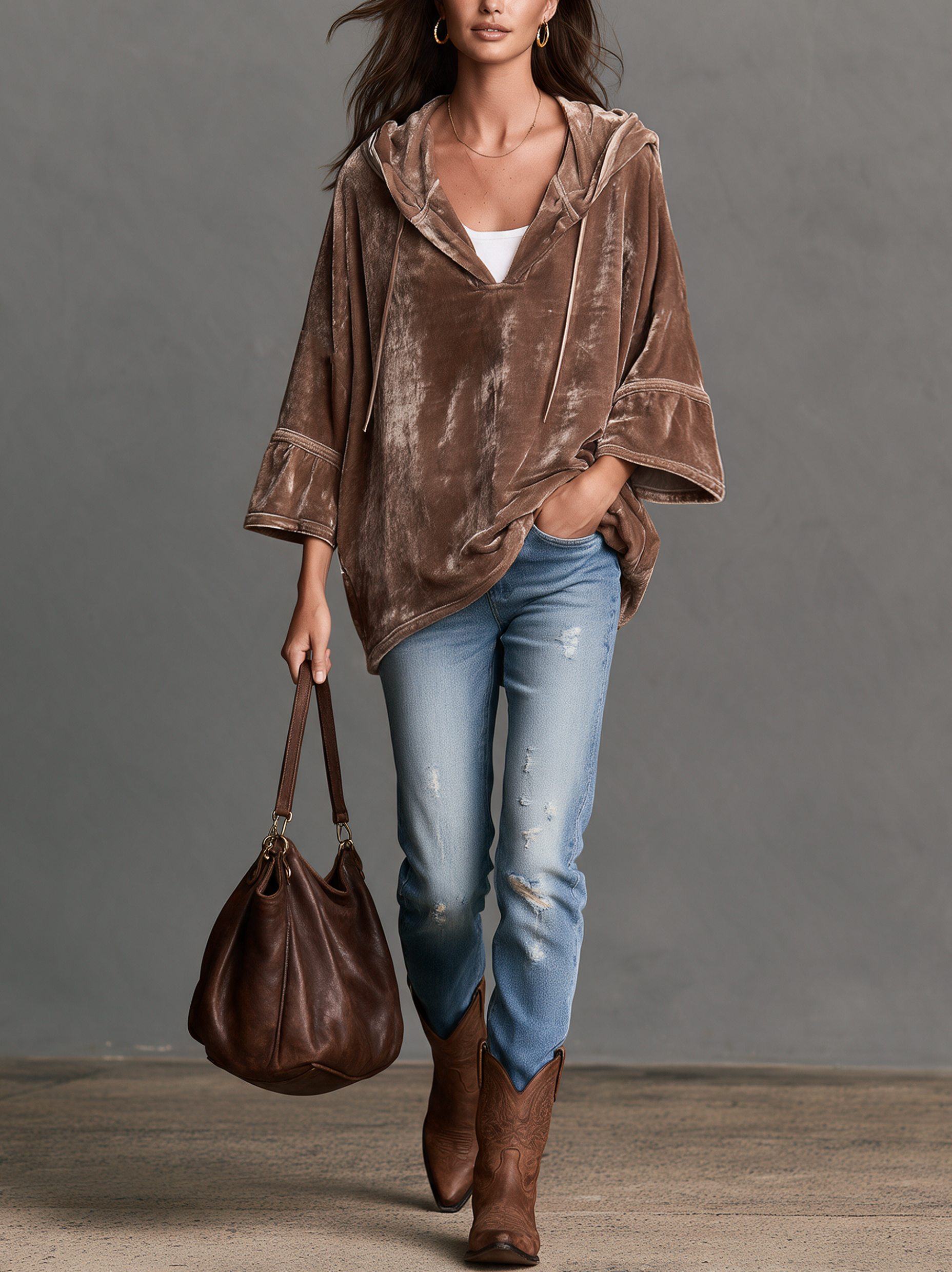 Women's Casual Brown Velvet Long-Sleeve Hoodie