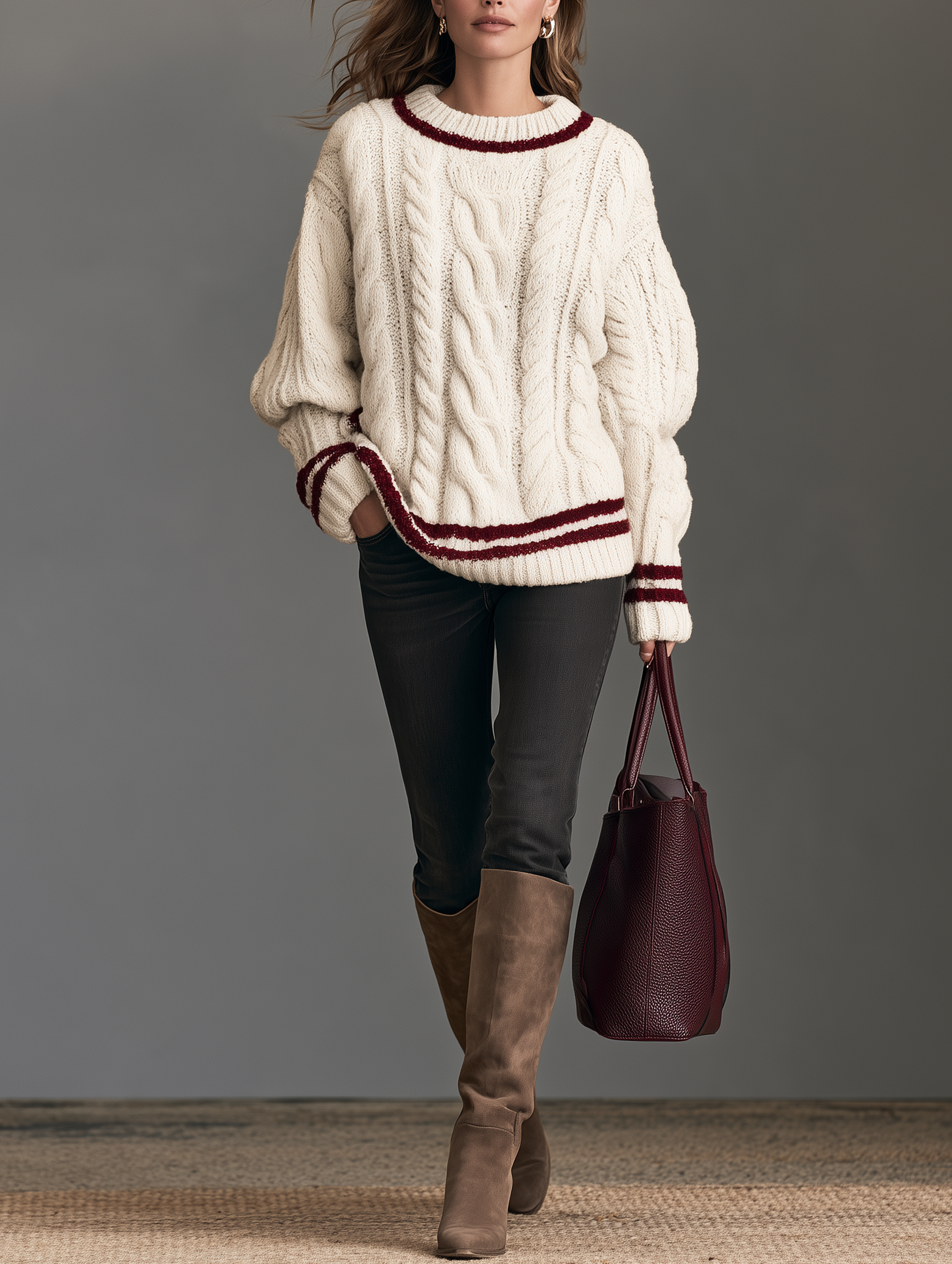 Women's Casual Off-White Cable-Knit Long-Sleeve Crew-Neck Sweater
