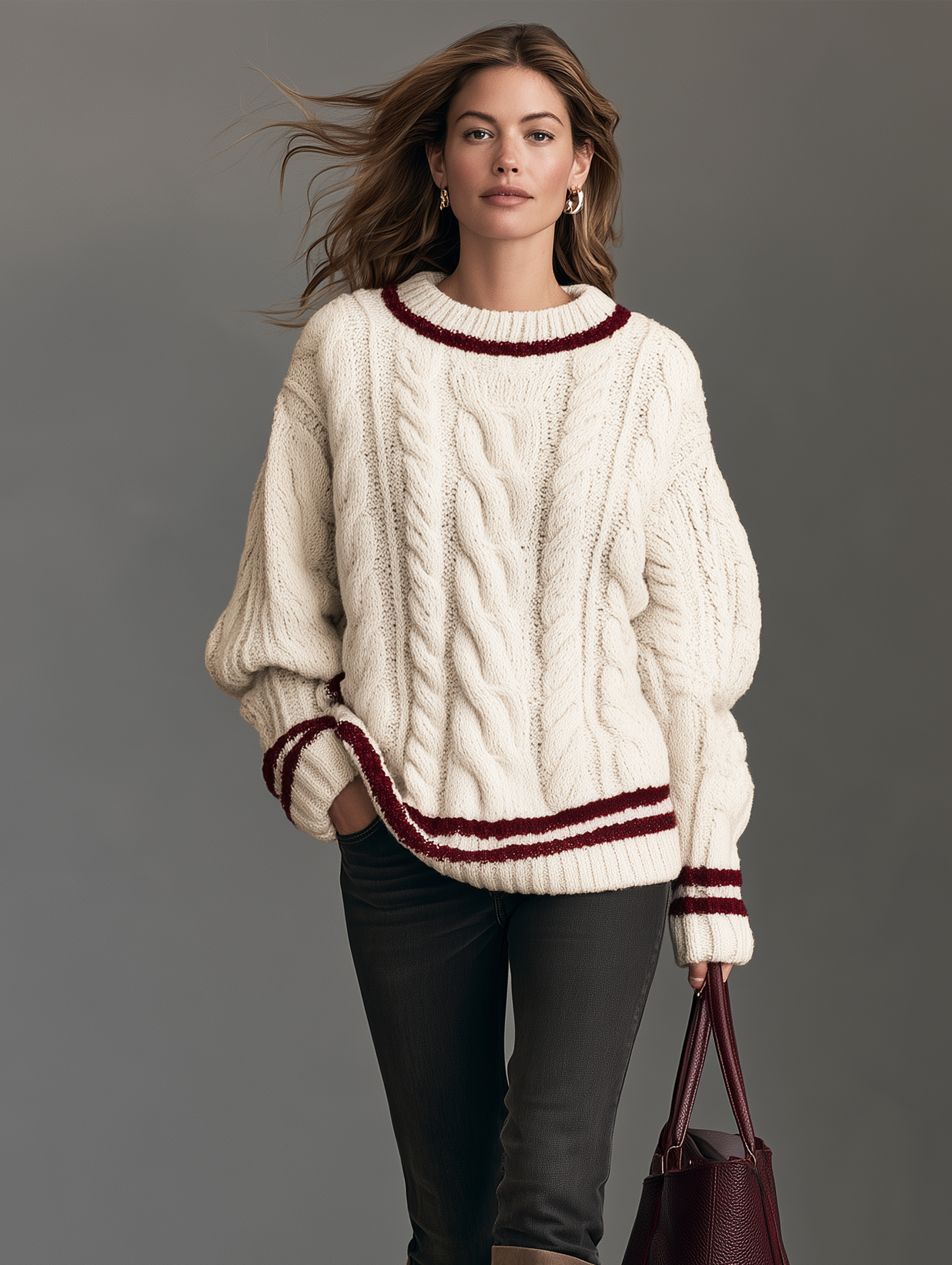 Women's Casual Off-White Cable-Knit Long-Sleeve Crew-Neck Sweater
