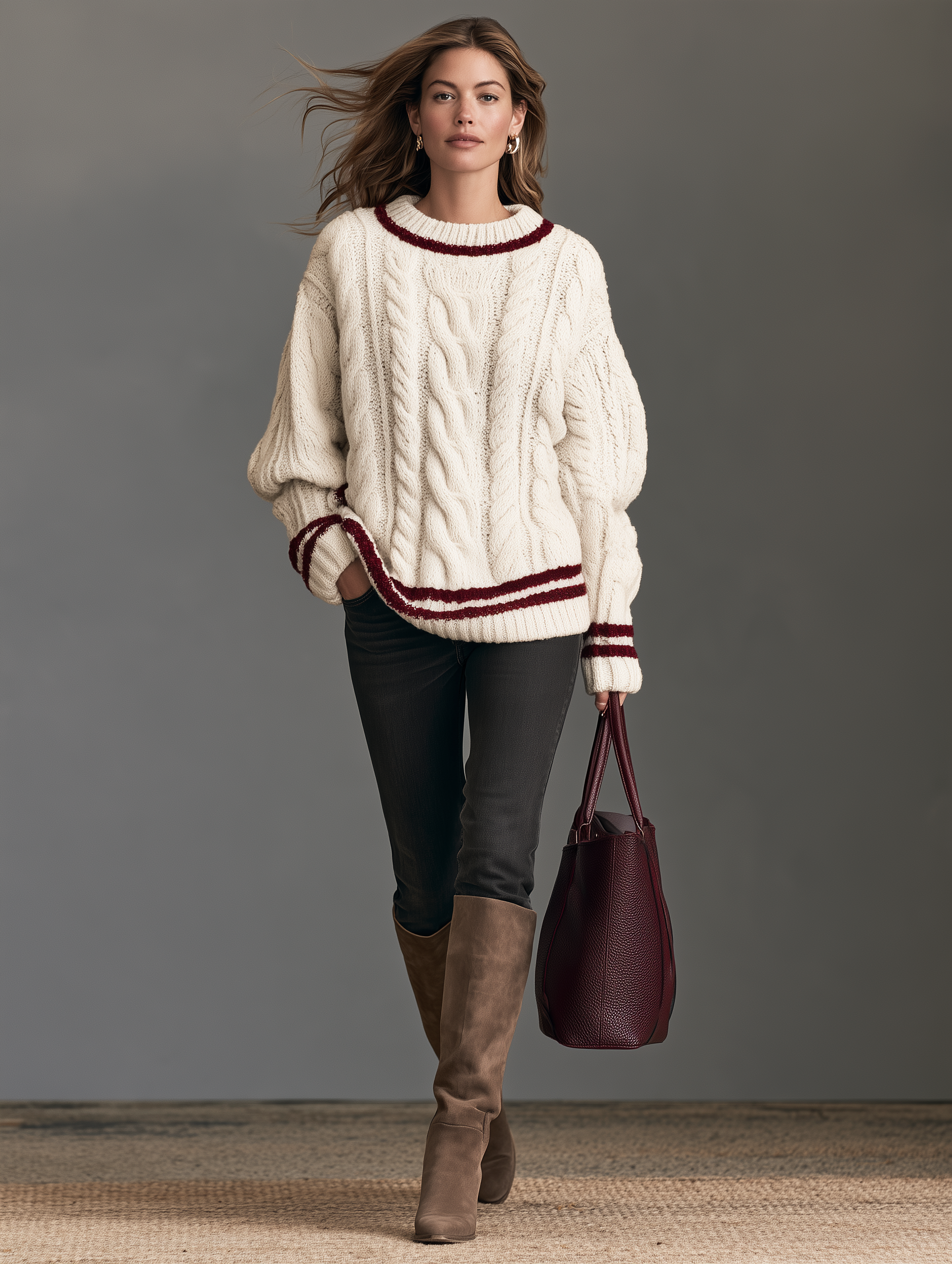 Women's Casual Off-White Cable-Knit Long-Sleeve Crew-Neck Sweater