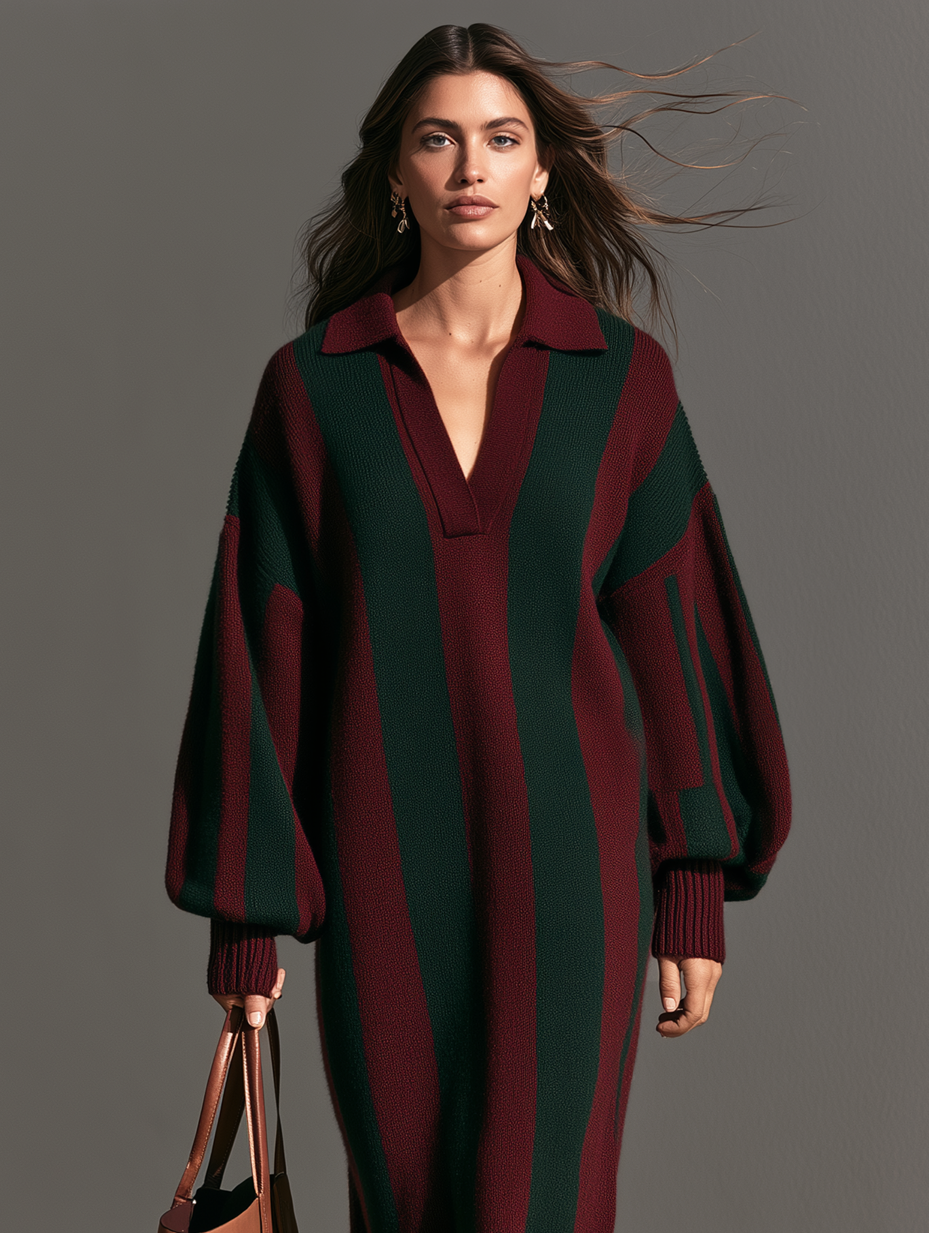 Women's Casual Long-Sleeve Knitted Midi Dress In Red And Green Christmas Colors