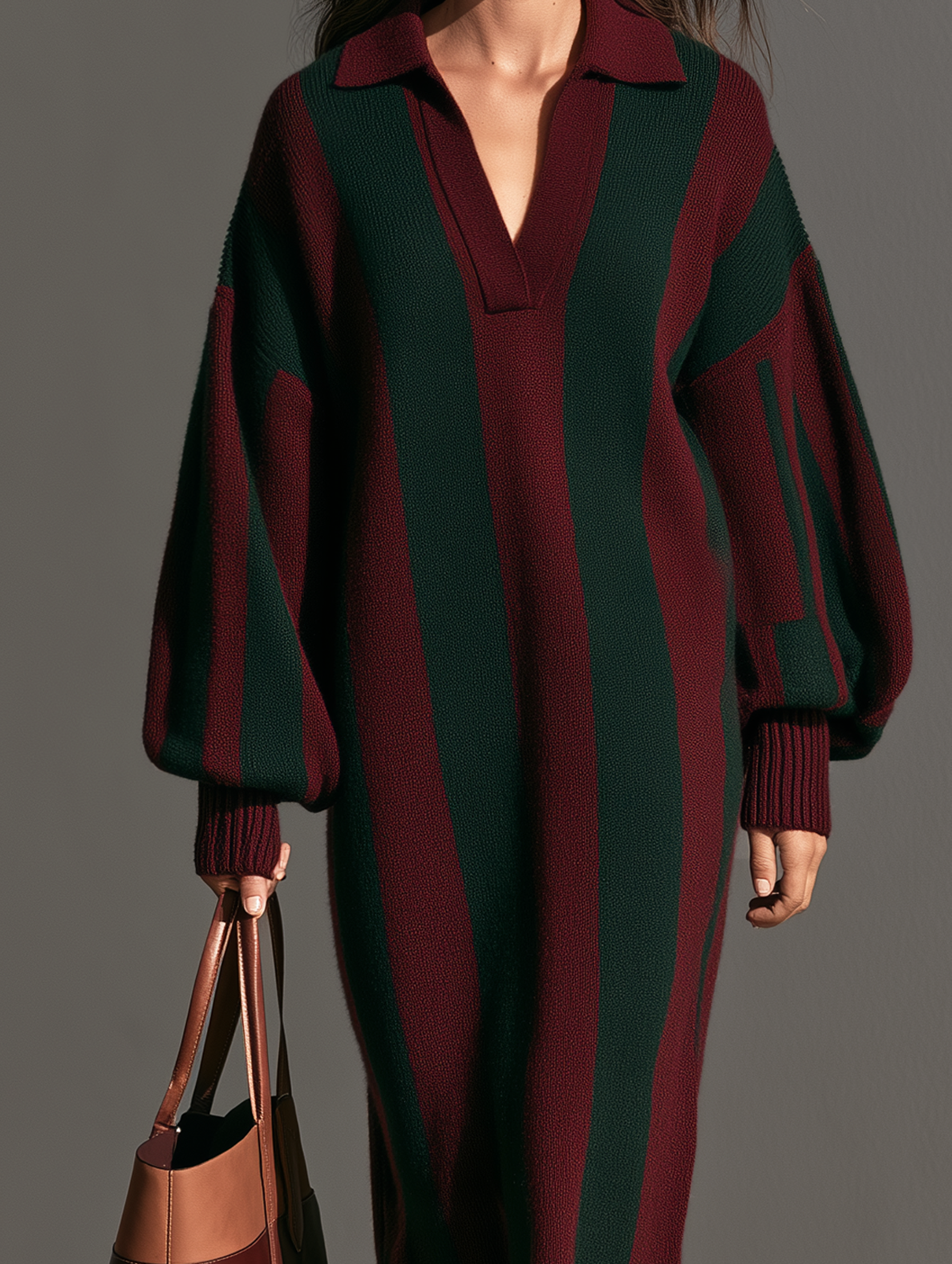 Women's Casual Long-Sleeve Knitted Midi Dress In Red And Green Christmas Colors
