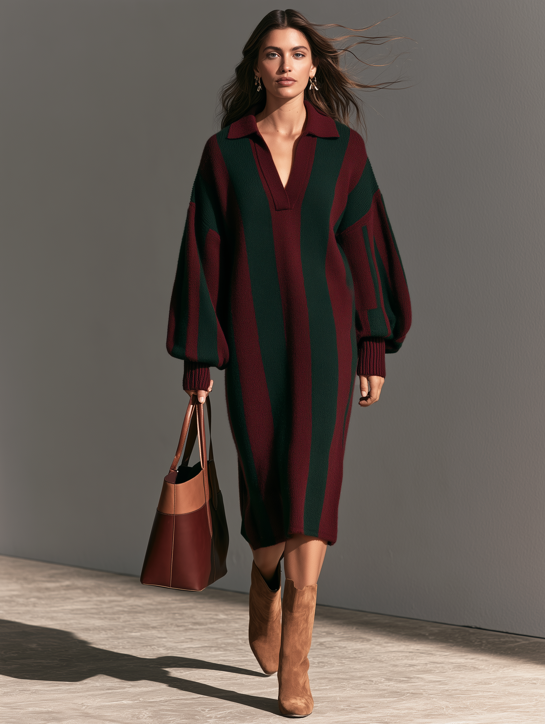 Women's Casual Long-Sleeve Knitted Midi Dress In Red And Green Christmas Colors