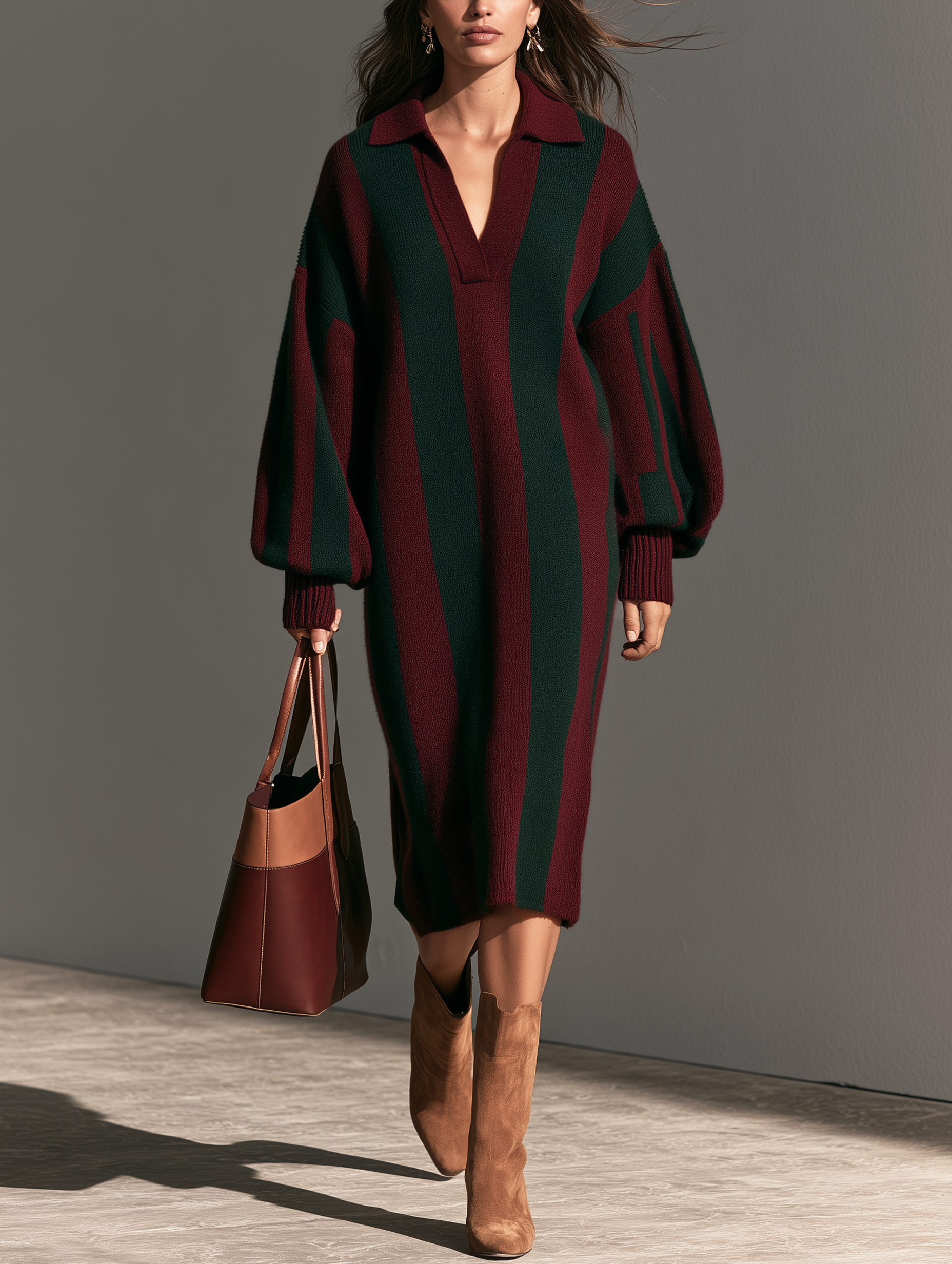 Women's Casual Long-Sleeve Knitted Midi Dress In Red And Green Christmas Colors