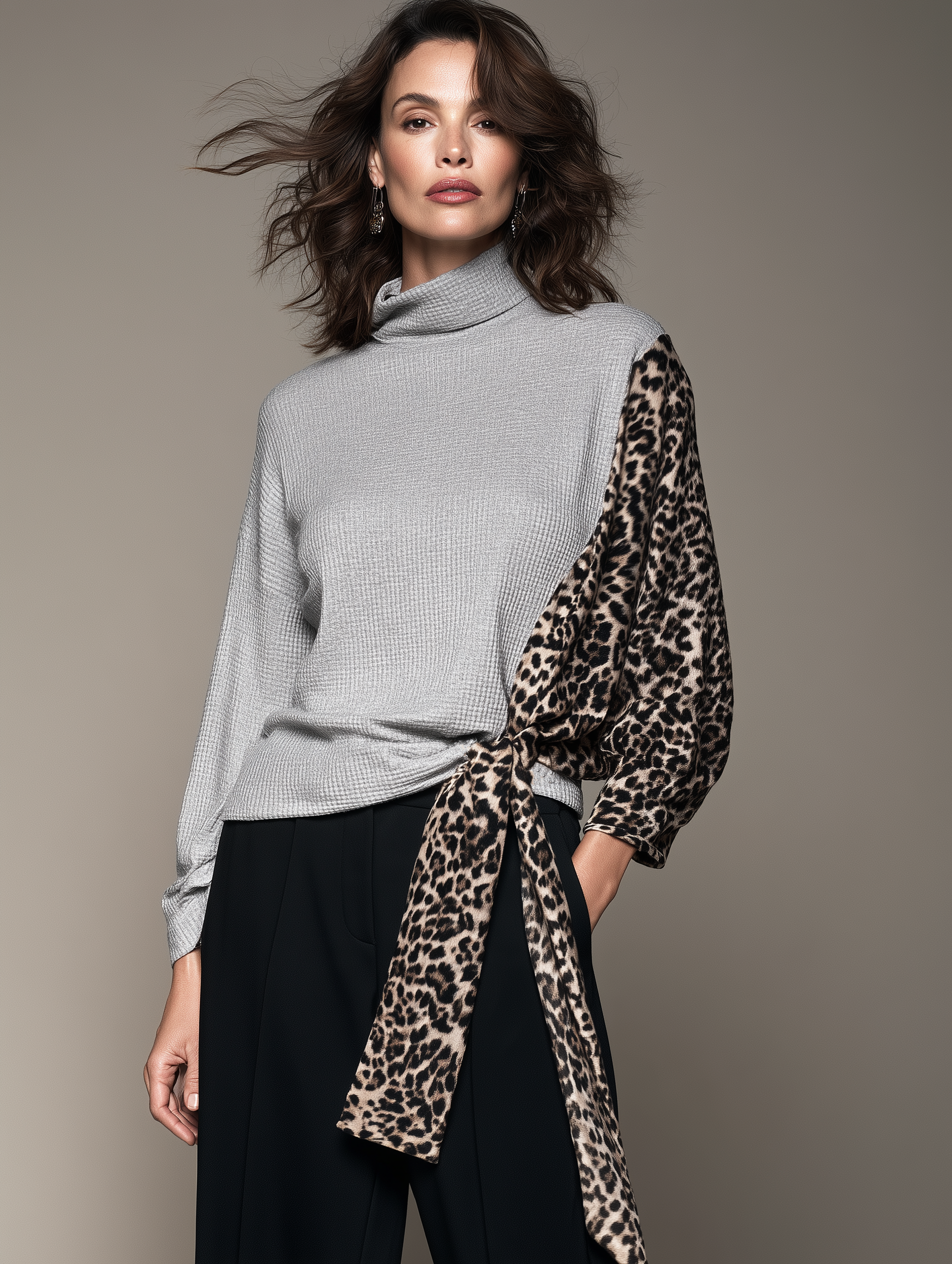 Women's Casual Grey Waffle-Knit Sweatshirt With Leopard-Print Panels