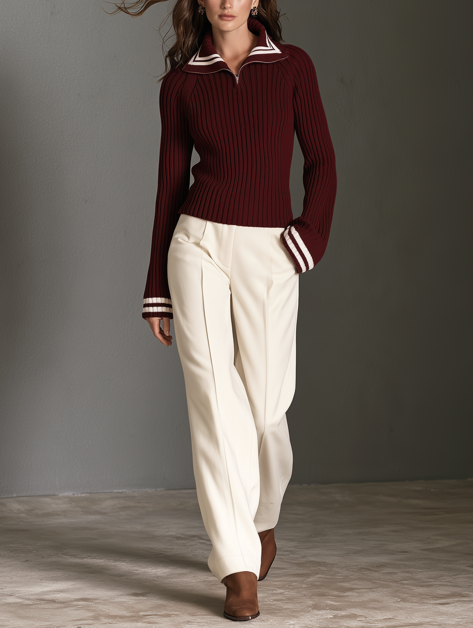 Women's Casual Red Knit Long Sweater With Zipper And Fold-over Collar