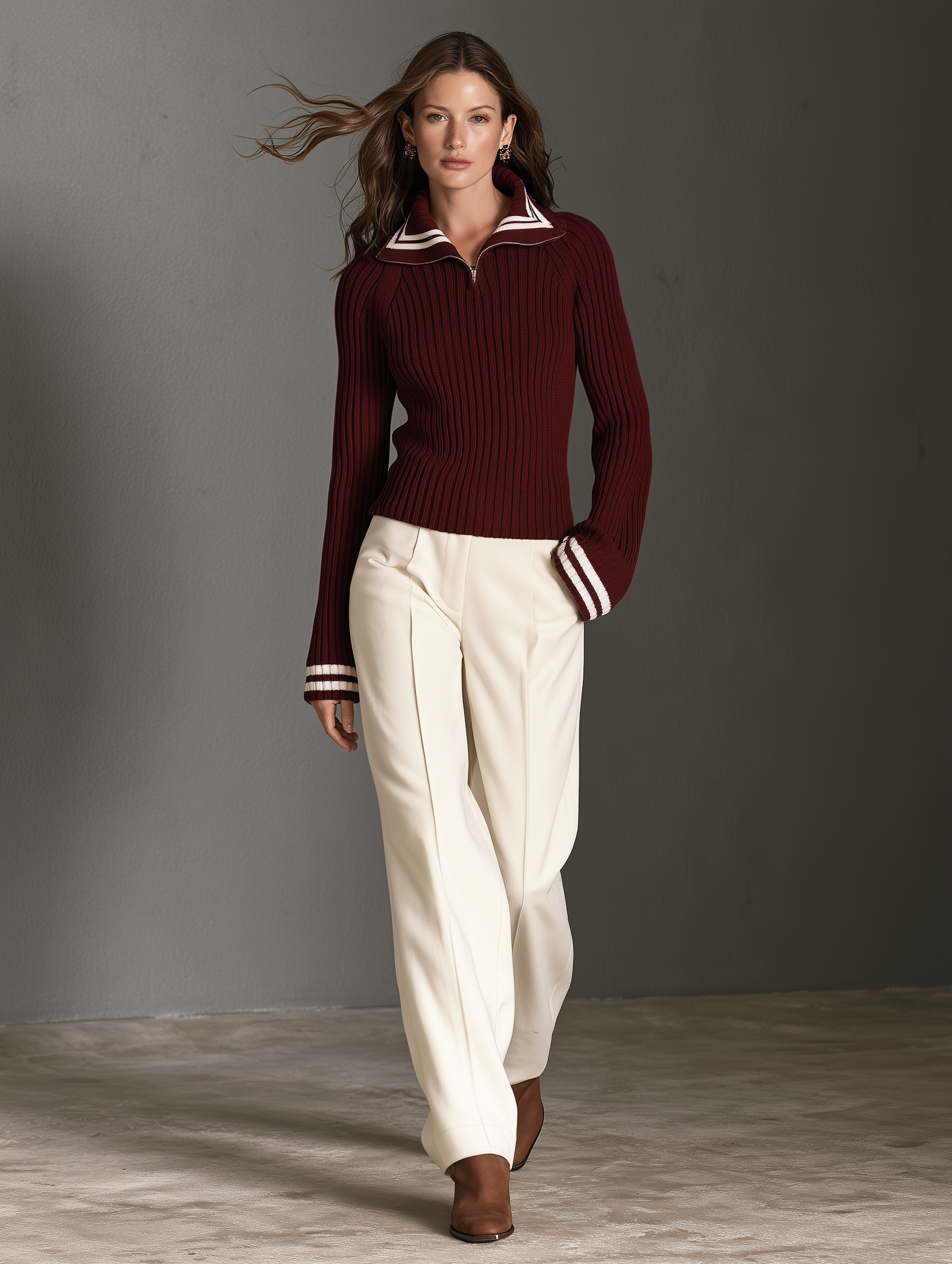 Women's Casual Red Knit Long Sweater With Zipper And Fold-over Collar