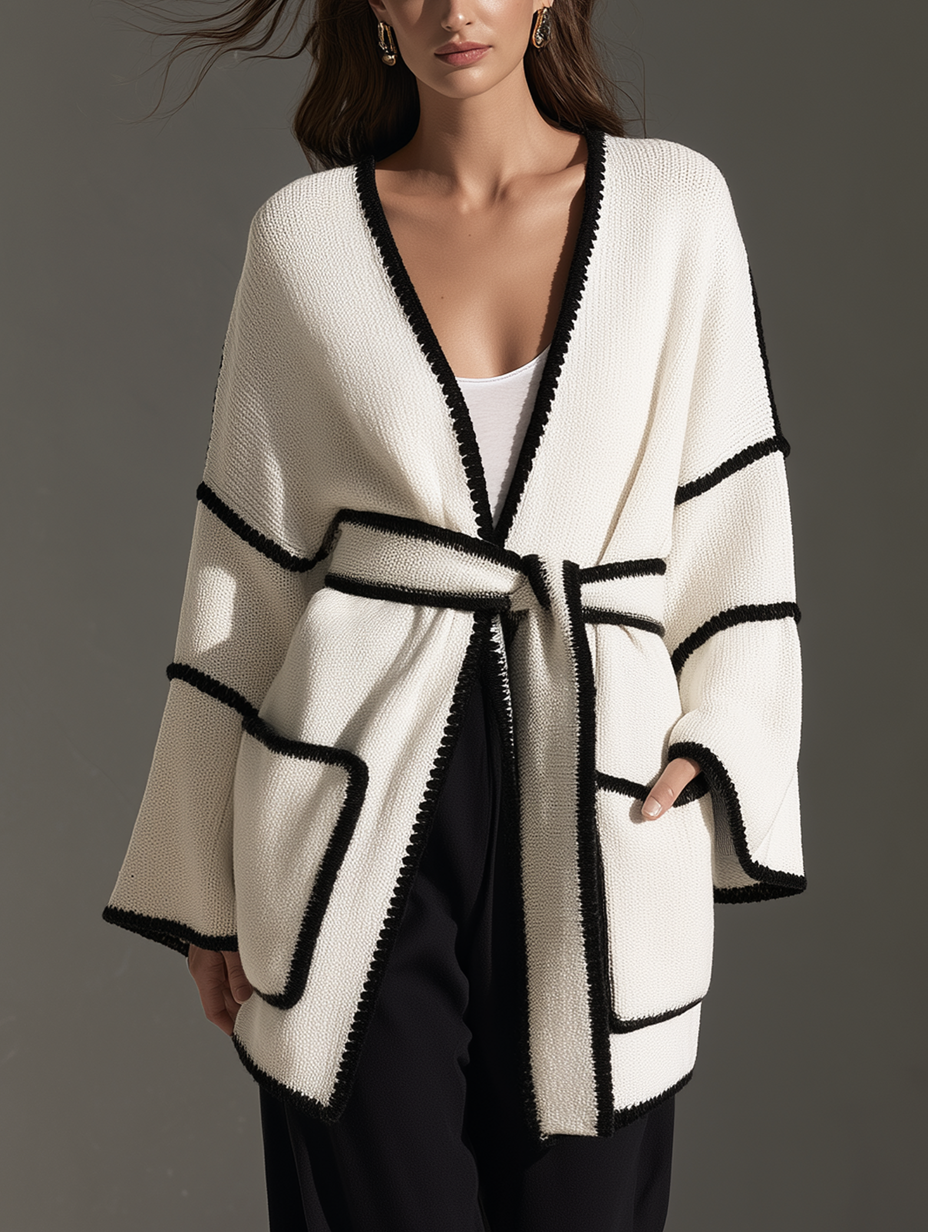 Women's Casual White Long-sleeve Knit Cardigan