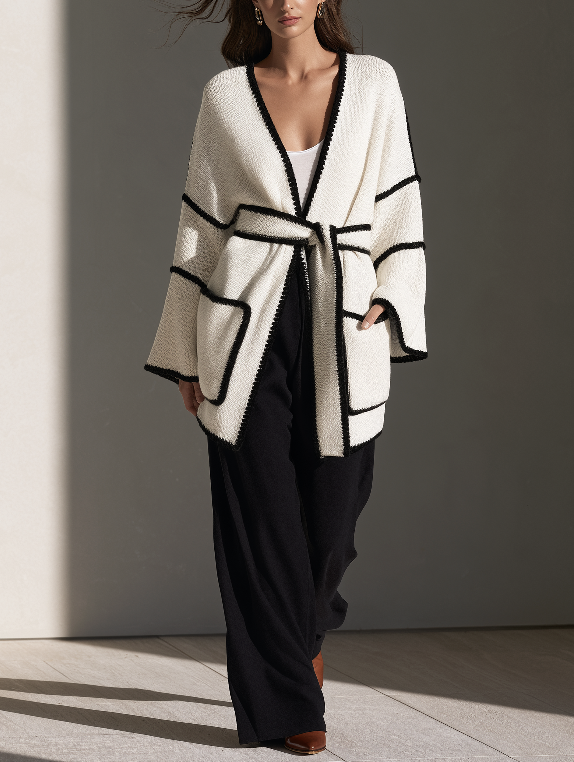 Women's Casual White Long-sleeve Knit Cardigan