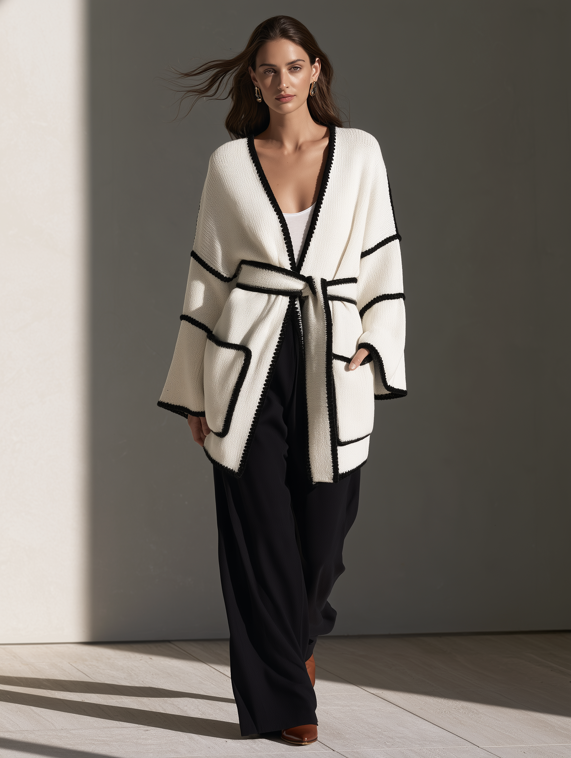 Women's Casual White Long-sleeve Knit Cardigan
