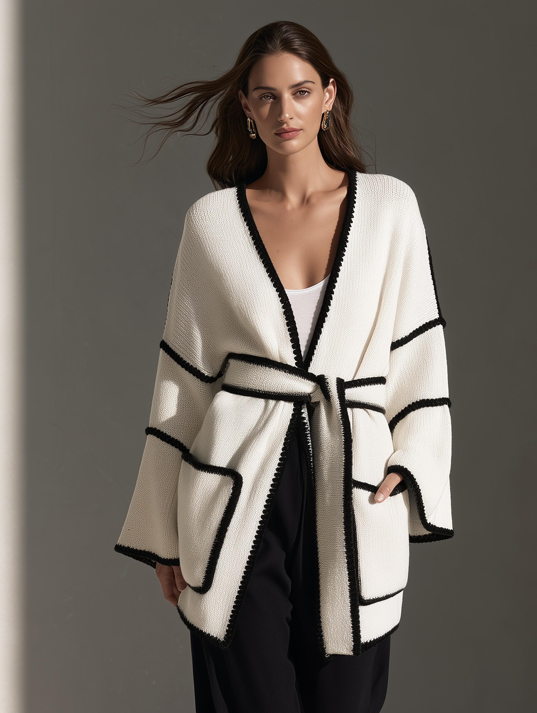 Women's Casual White Long-sleeve Knit Cardigan