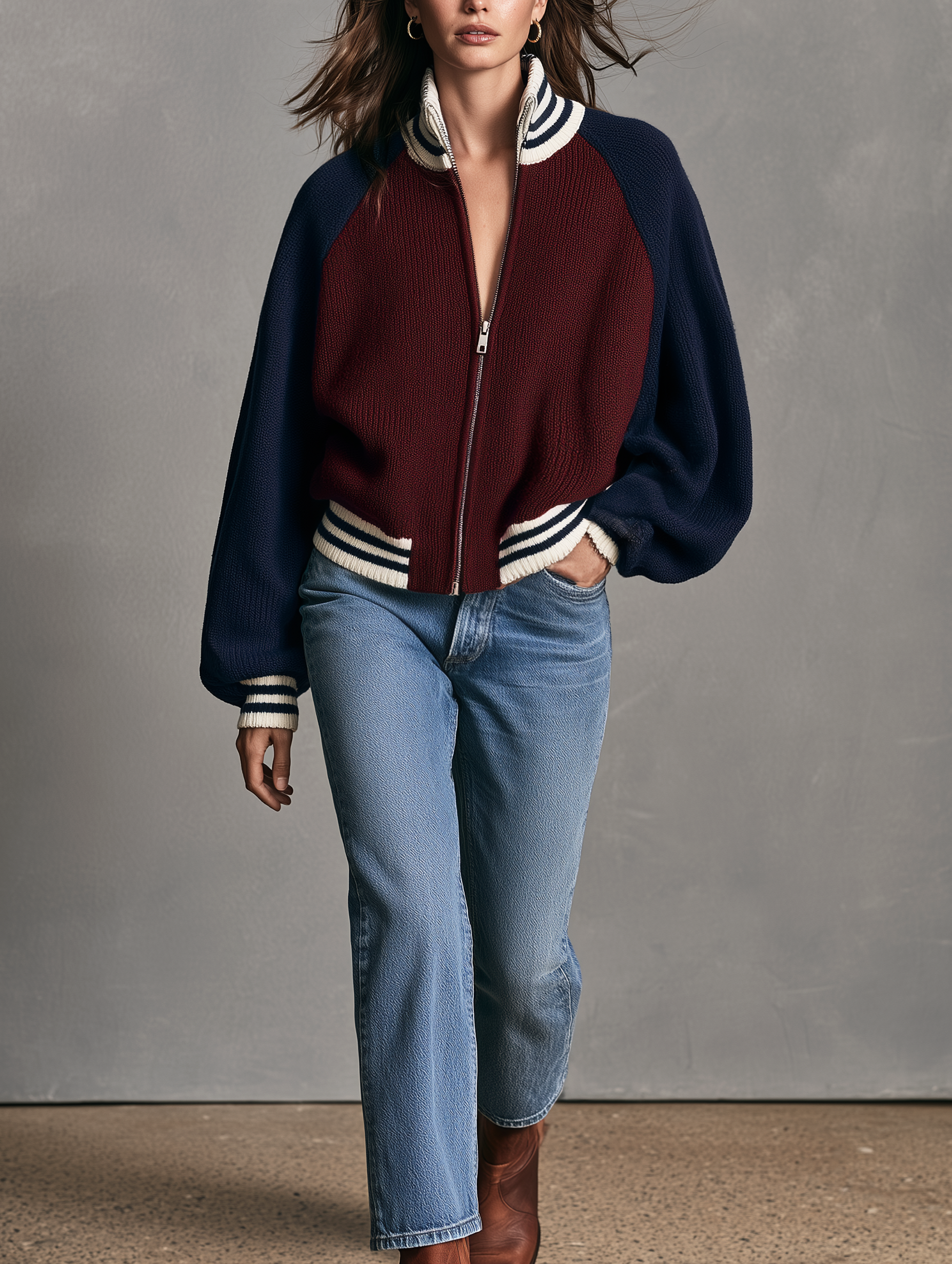 Women's Casual Red And Blue Color-Block Knit Cardigan