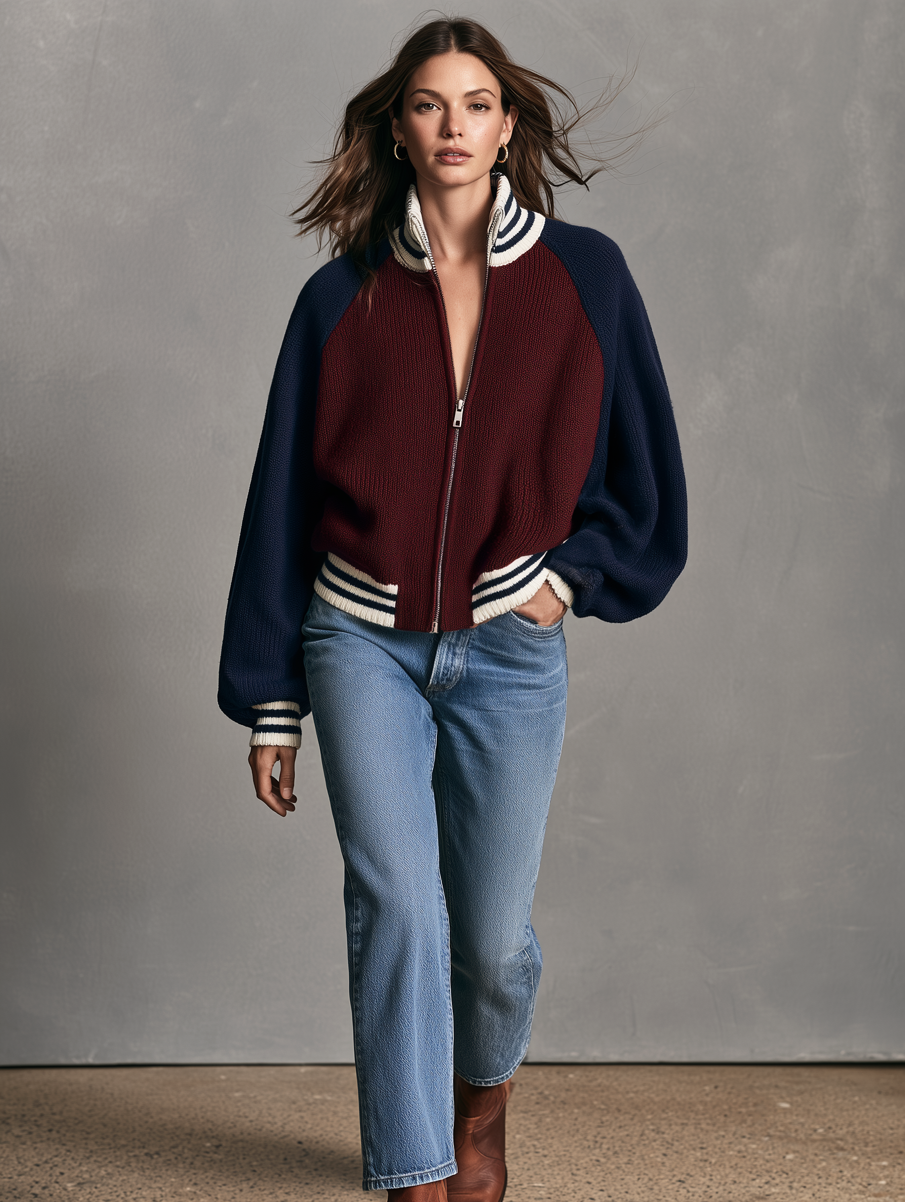 Women's Casual Red And Blue Color-Block Knit Cardigan
