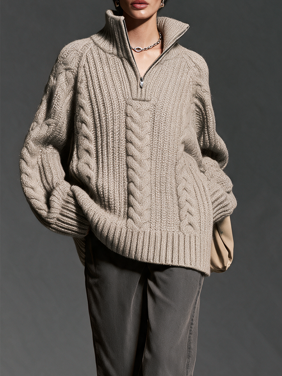 Women's Stand-Collar Half-Zip Drop-Shoulder Cable-Knit Chunky Wool-Knit Sweater