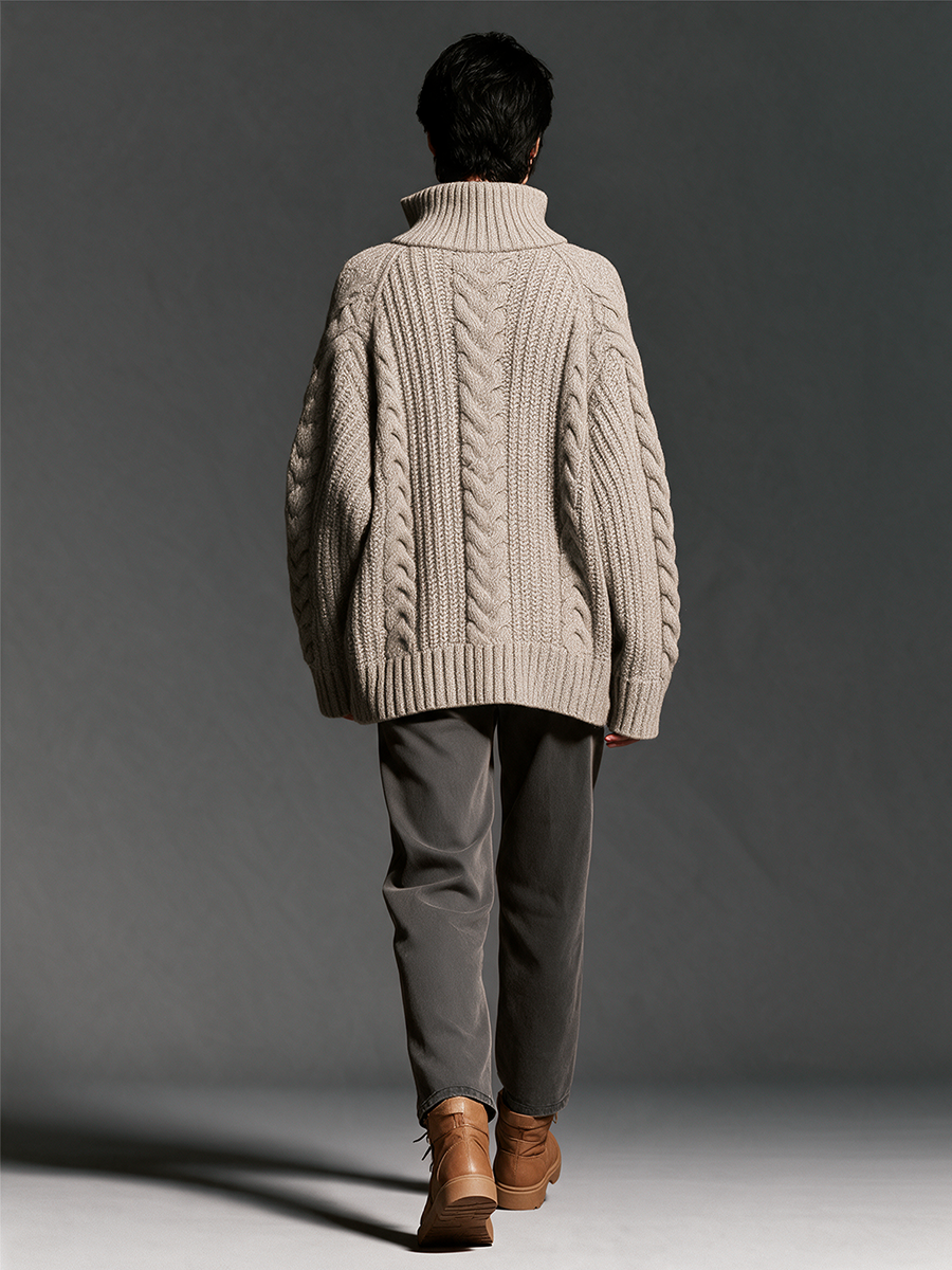 Women's Stand-Collar Half-Zip Drop-Shoulder Cable-Knit Chunky Wool-Knit Sweater