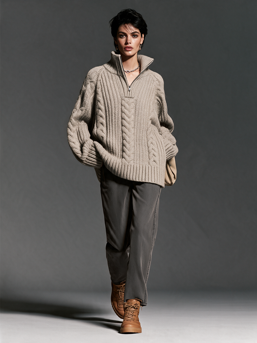Women's Stand-Collar Half-Zip Drop-Shoulder Cable-Knit Chunky Wool-Knit Sweater
