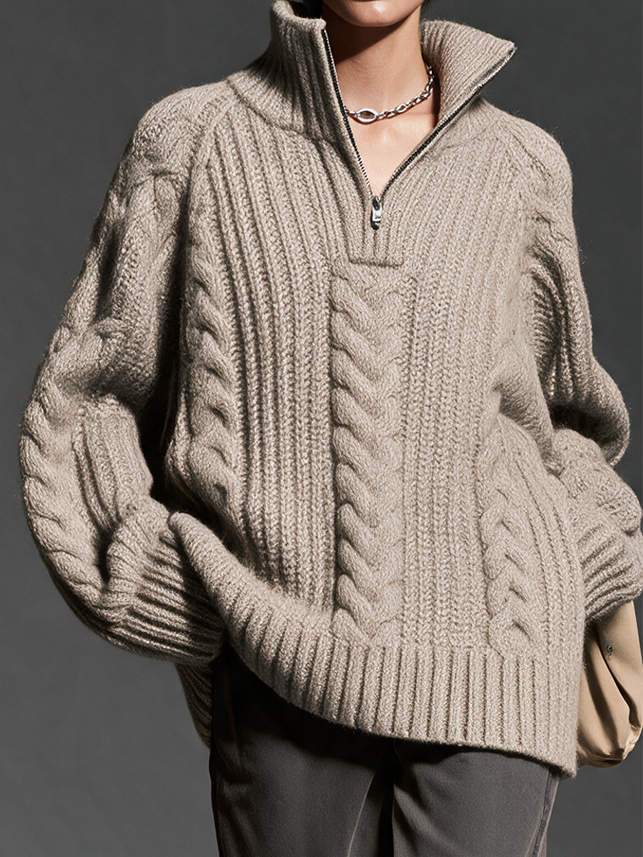 Women's Stand-Collar Half-Zip Drop-Shoulder Cable-Knit Chunky Wool-Knit Sweater