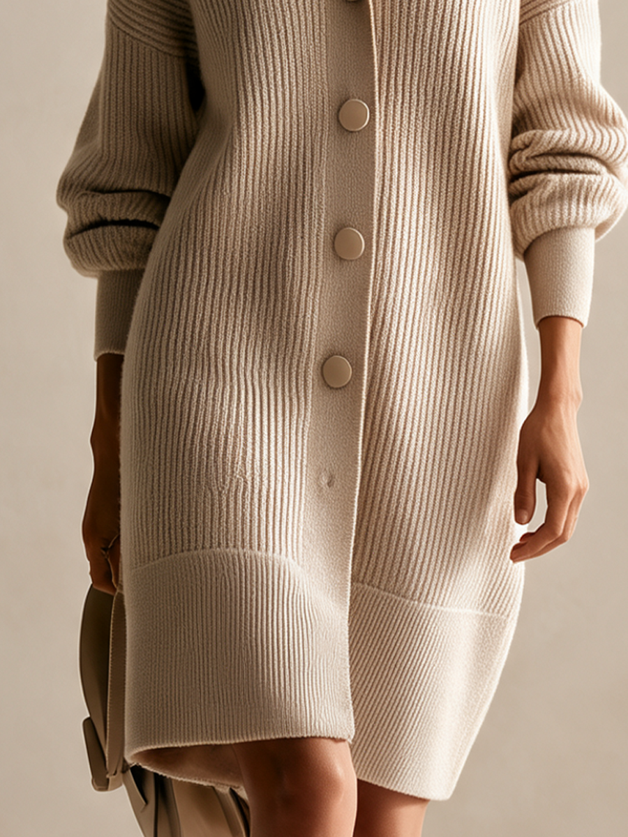 Women's Beige Rib-Knit Longline Cardigan with Fluffy Collar