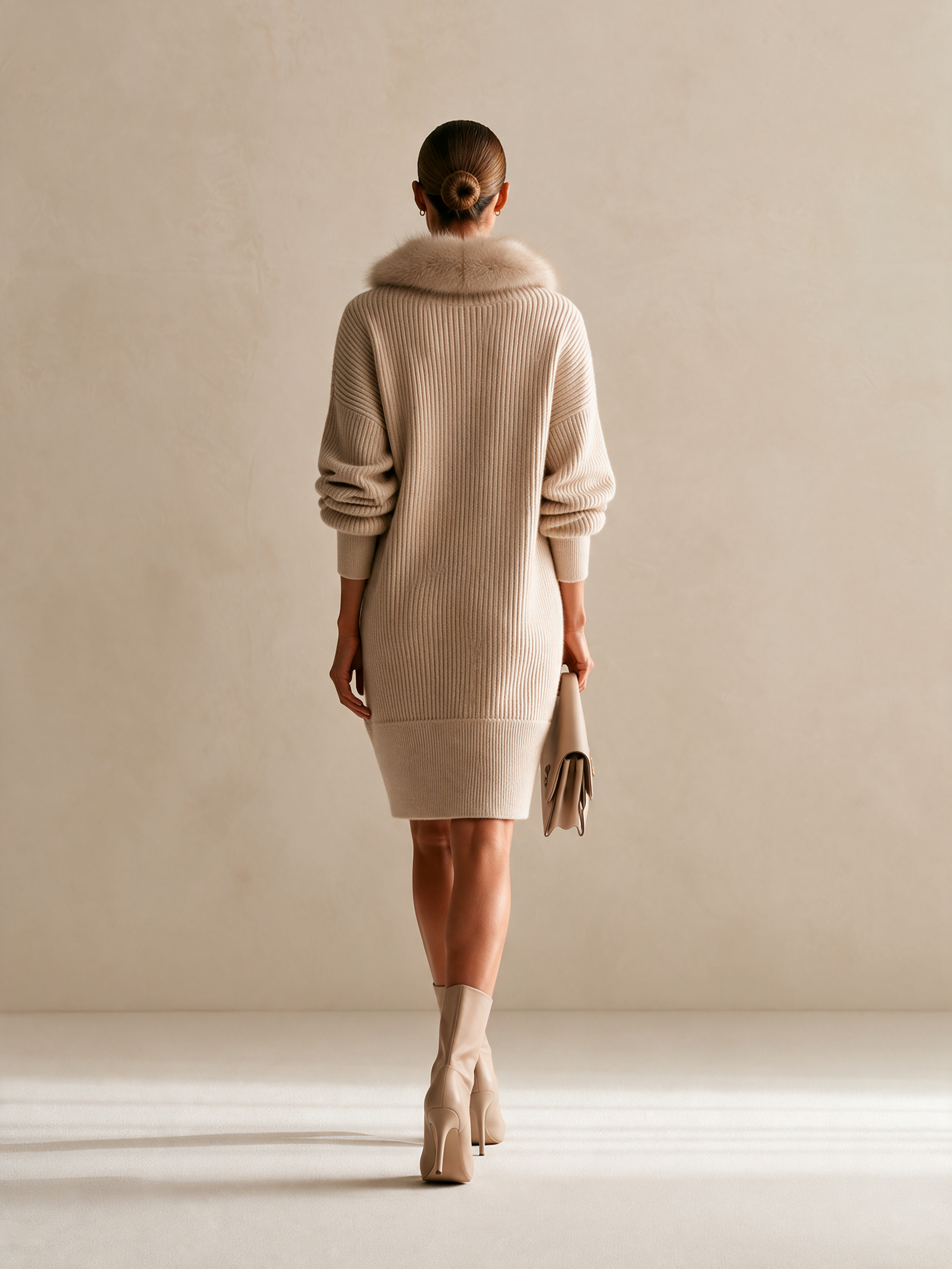 Women's Beige Rib-Knit Longline Cardigan with Fluffy Collar