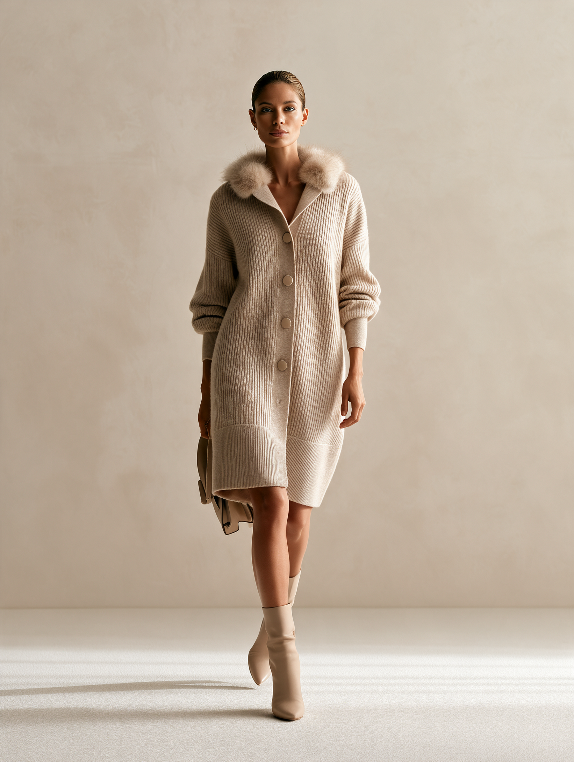 Women's Beige Rib-Knit Longline Cardigan with Fluffy Collar
