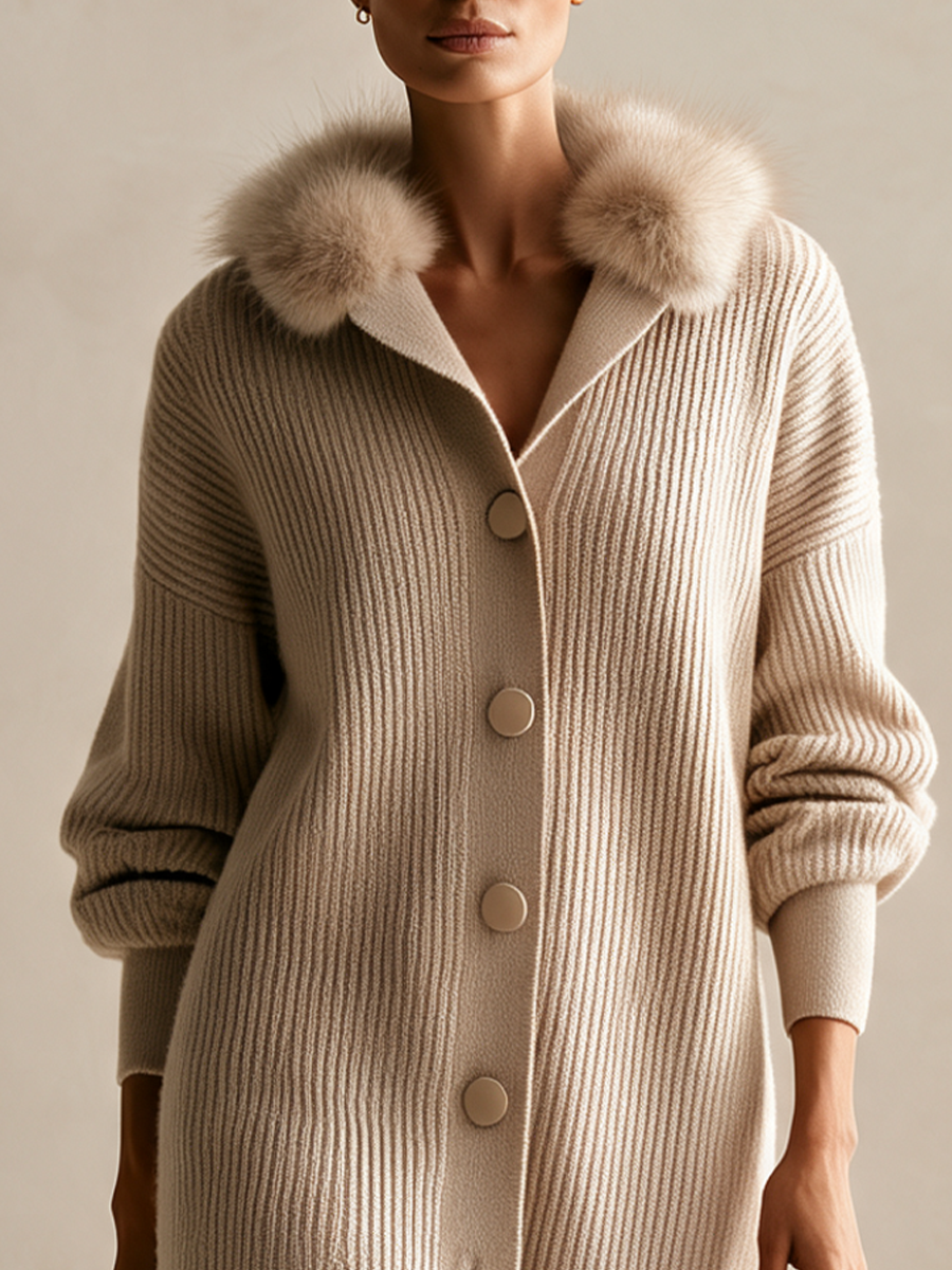 Women's Beige Rib-Knit Longline Cardigan with Fluffy Collar