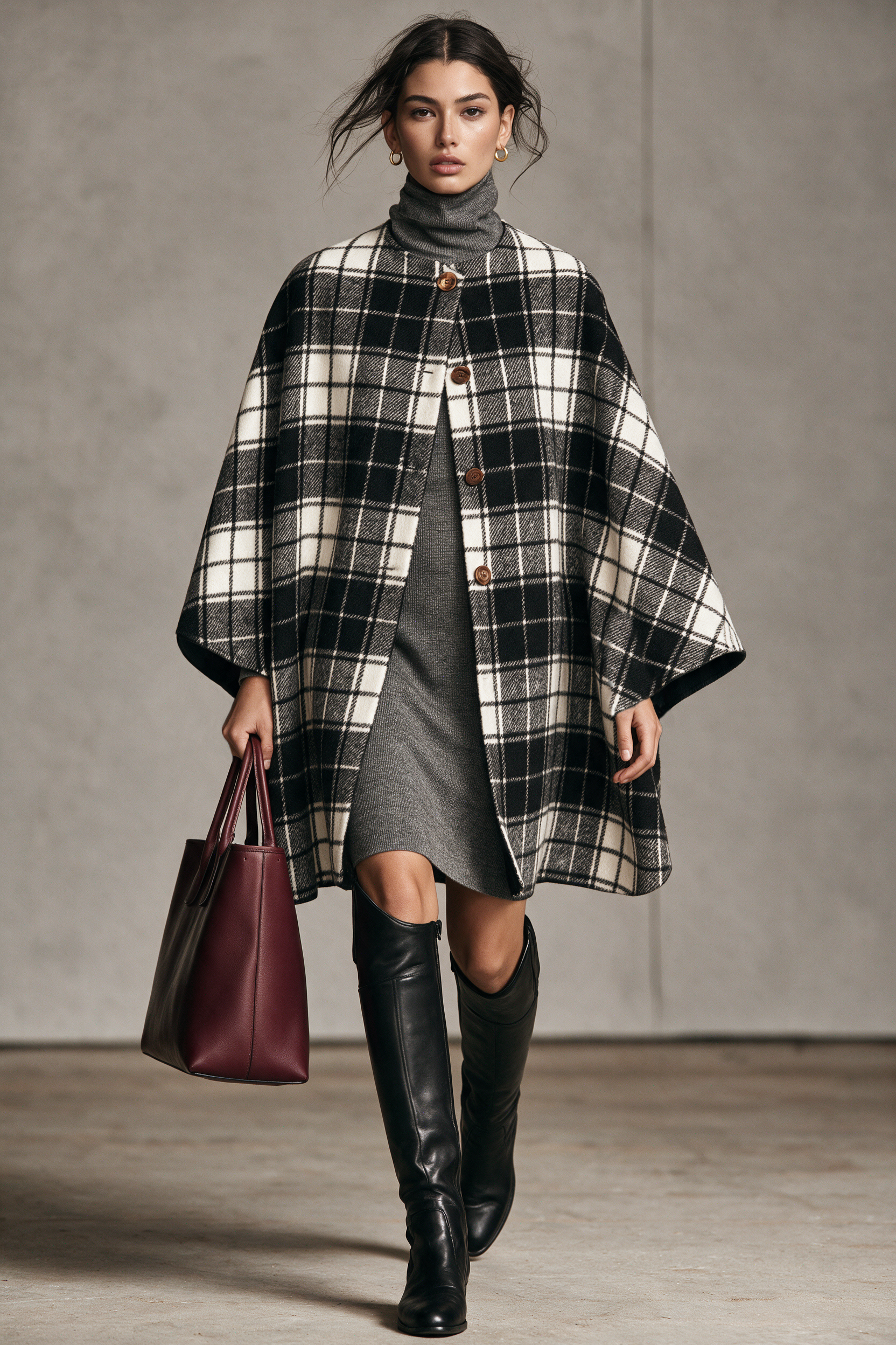 Women's Vintage Plaid Wool-Blend Collarless Cape-Style Coat