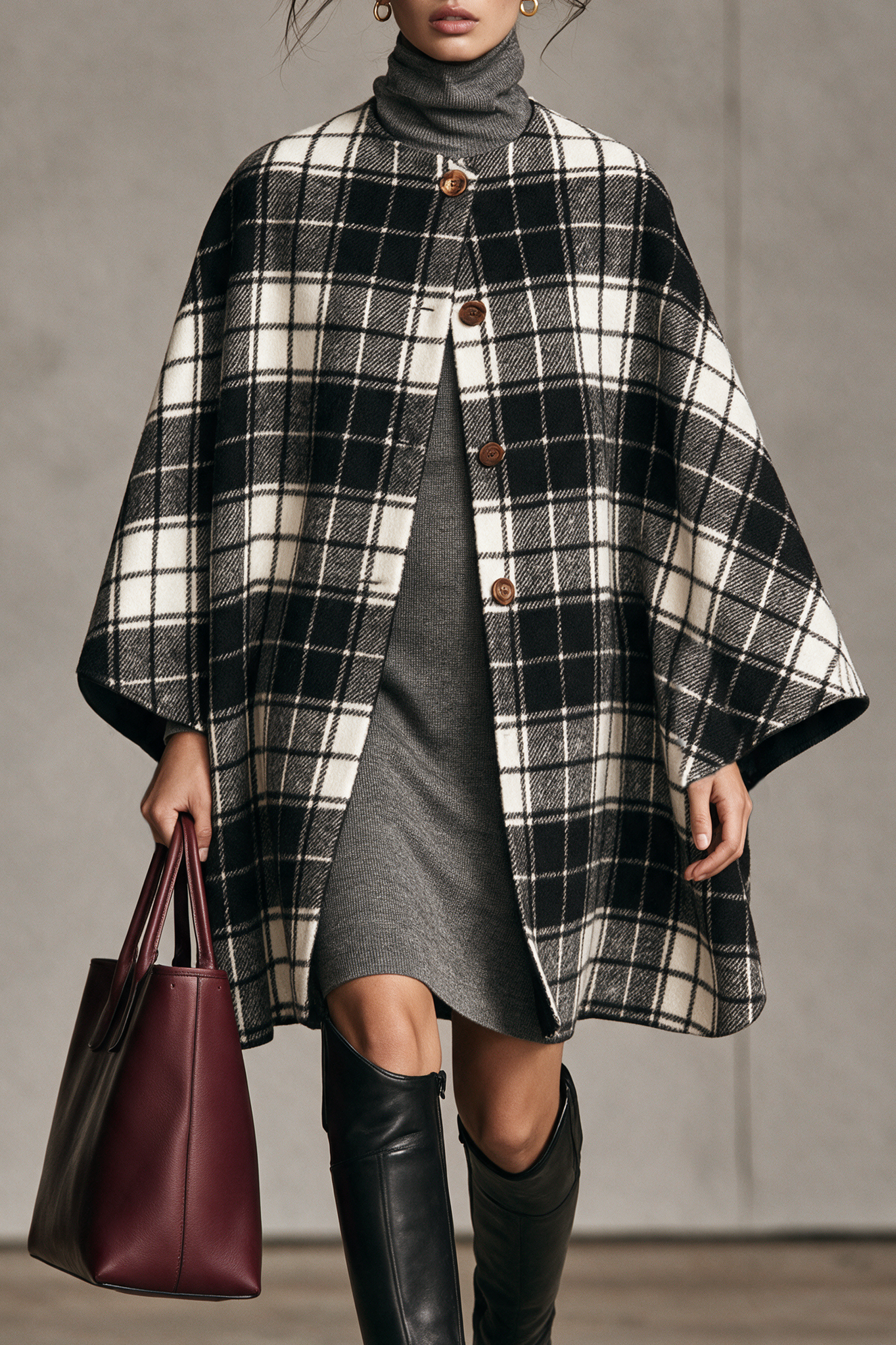 Women's Vintage Plaid Wool-Blend Collarless Cape-Style Coat