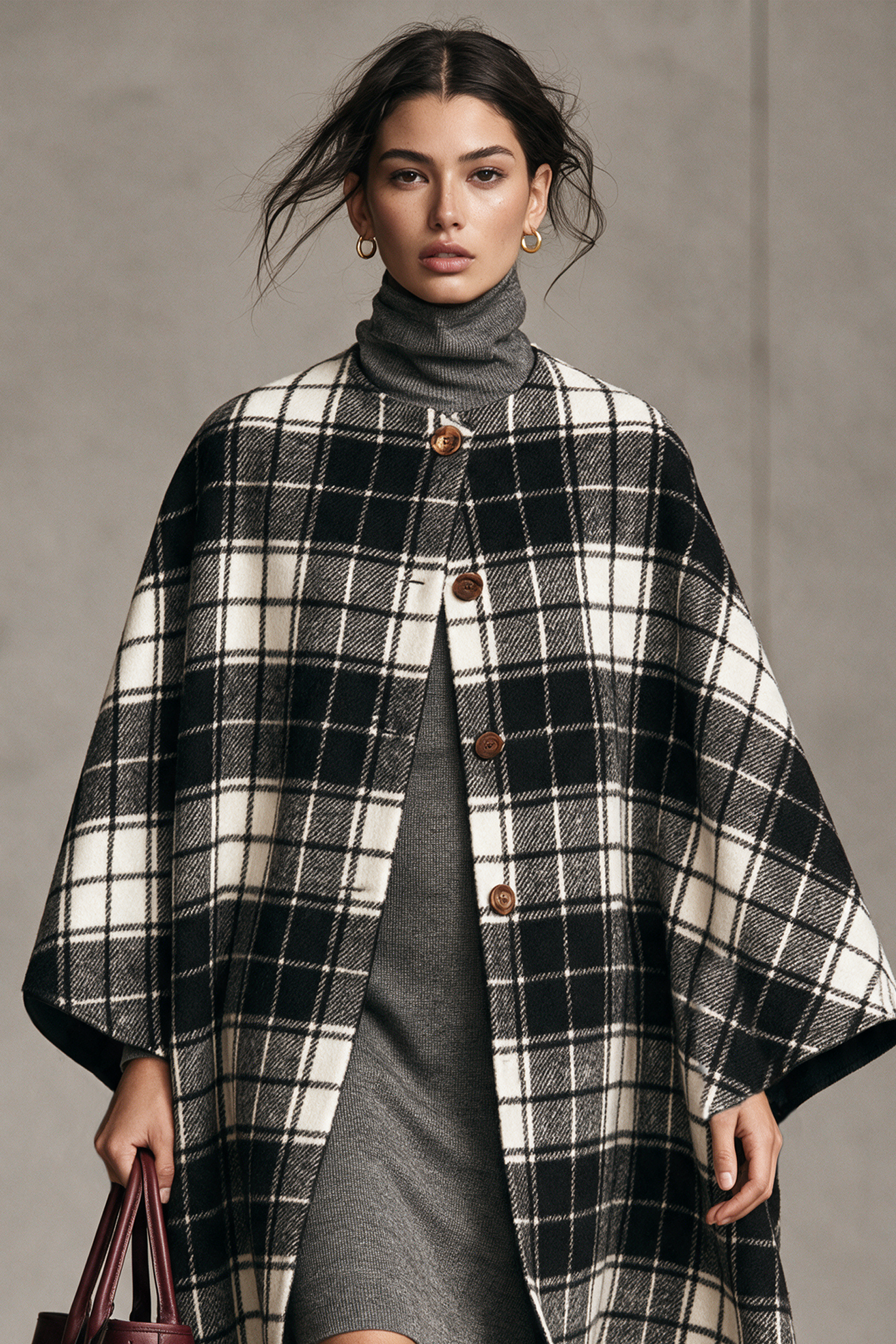 Women's Vintage Plaid Wool-Blend Collarless Cape-Style Coat