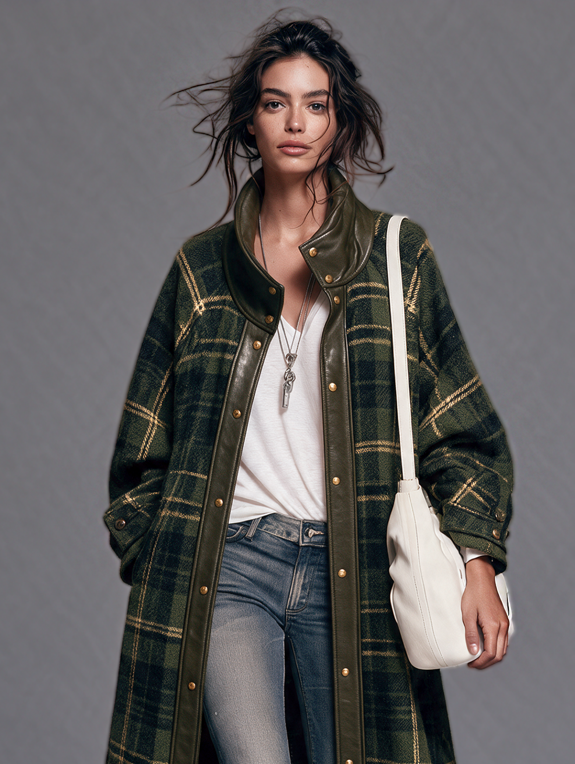Women's Vintage-style Plaid Wool-blend Paneling Leather Funnel Neck Coat