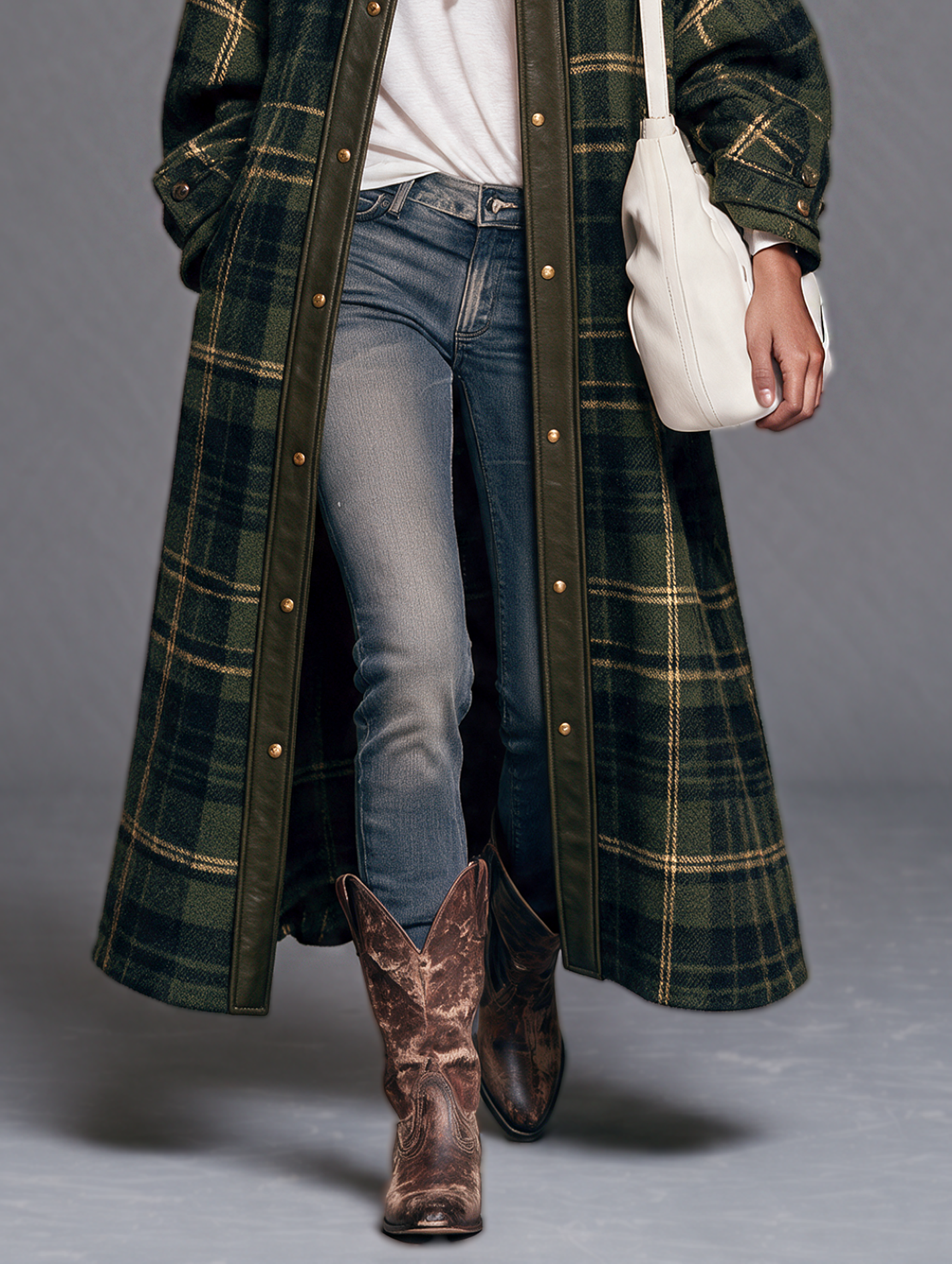 Women's Vintage-style Plaid Wool-blend Paneling Leather Funnel Neck Coat