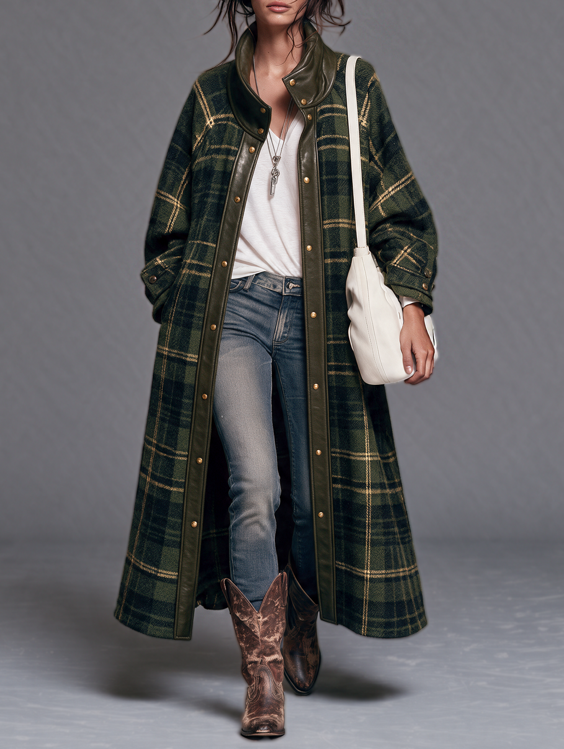Women's Vintage-style Plaid Wool-blend Paneling Leather Funnel Neck Coat