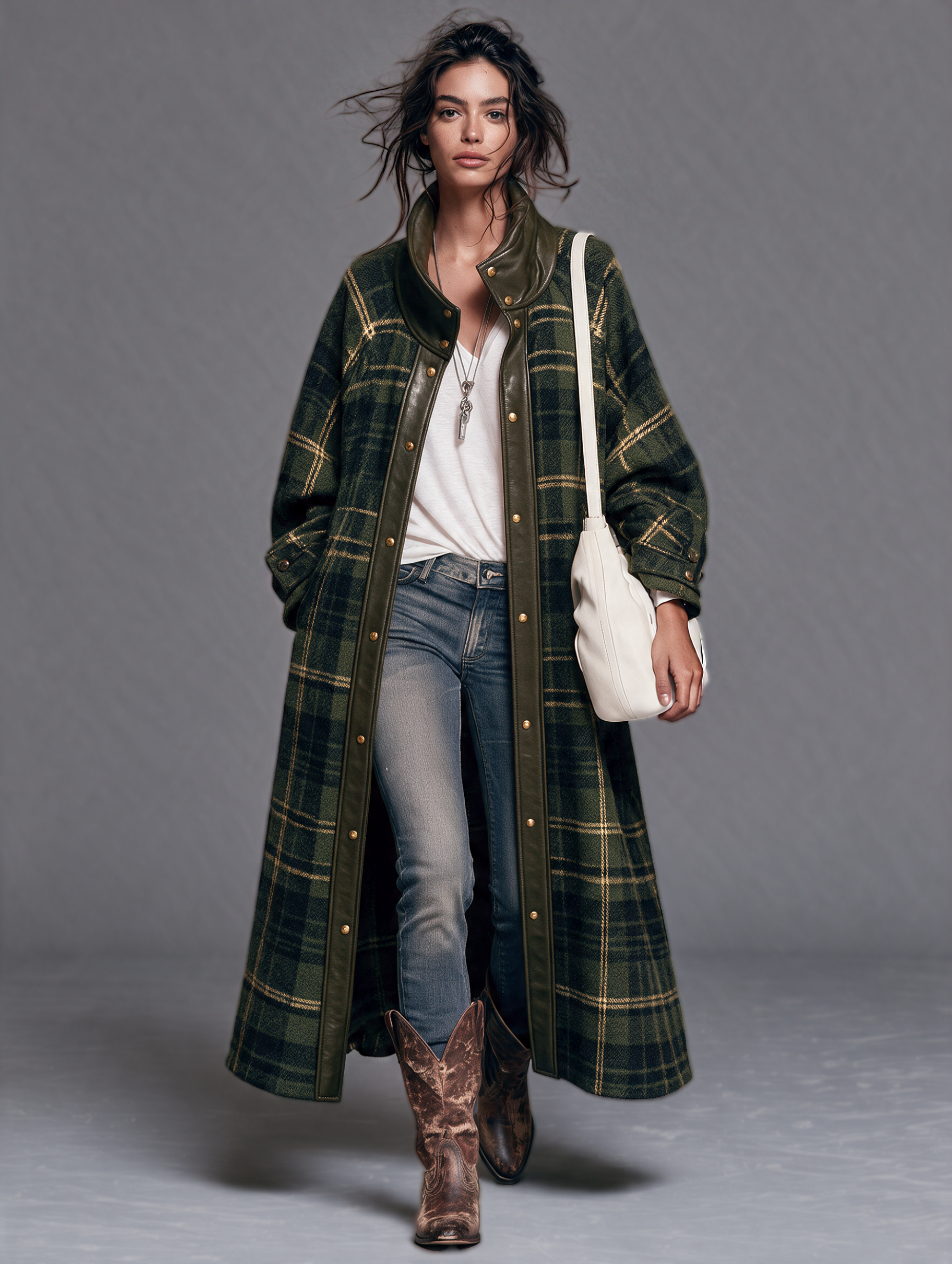 Women's Vintage-style Plaid Wool-blend Paneling Leather Funnel Neck Coat