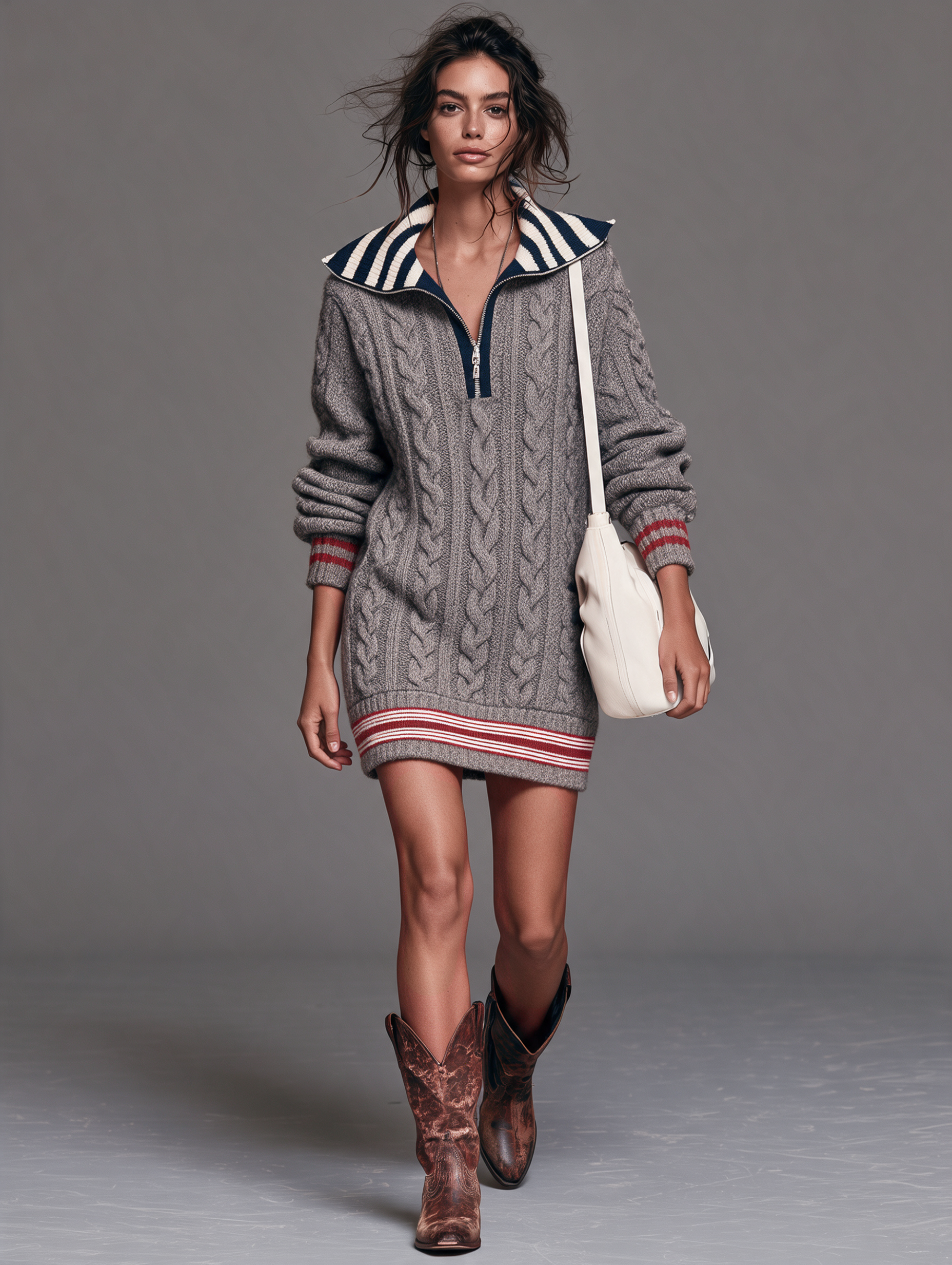 Women’s Vintage Half-Zip Sweater Shift Dress For Western-Style Casual Outings