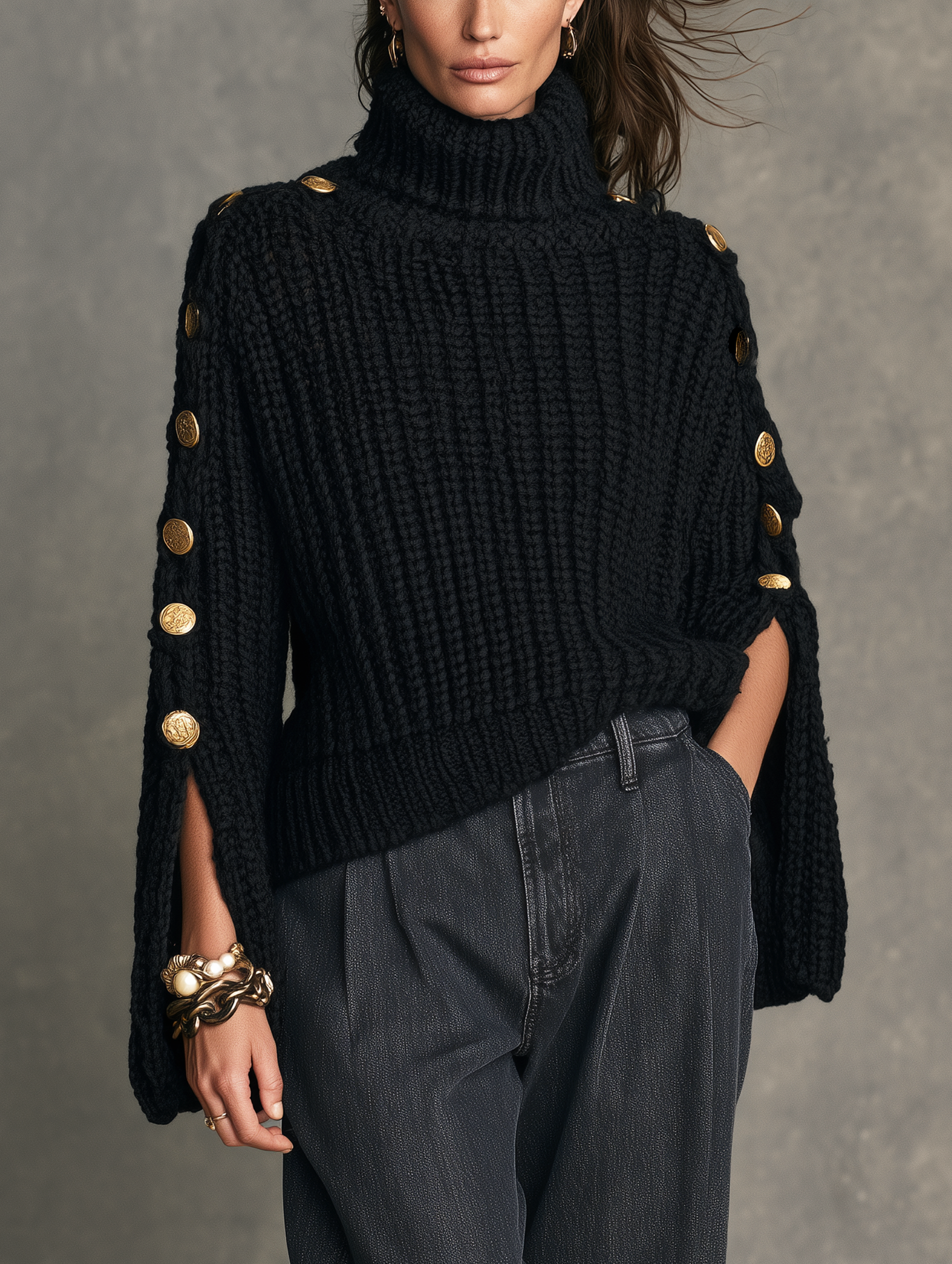 Women's Casual Black Long-sleeve Turtleneck Knit Sweater