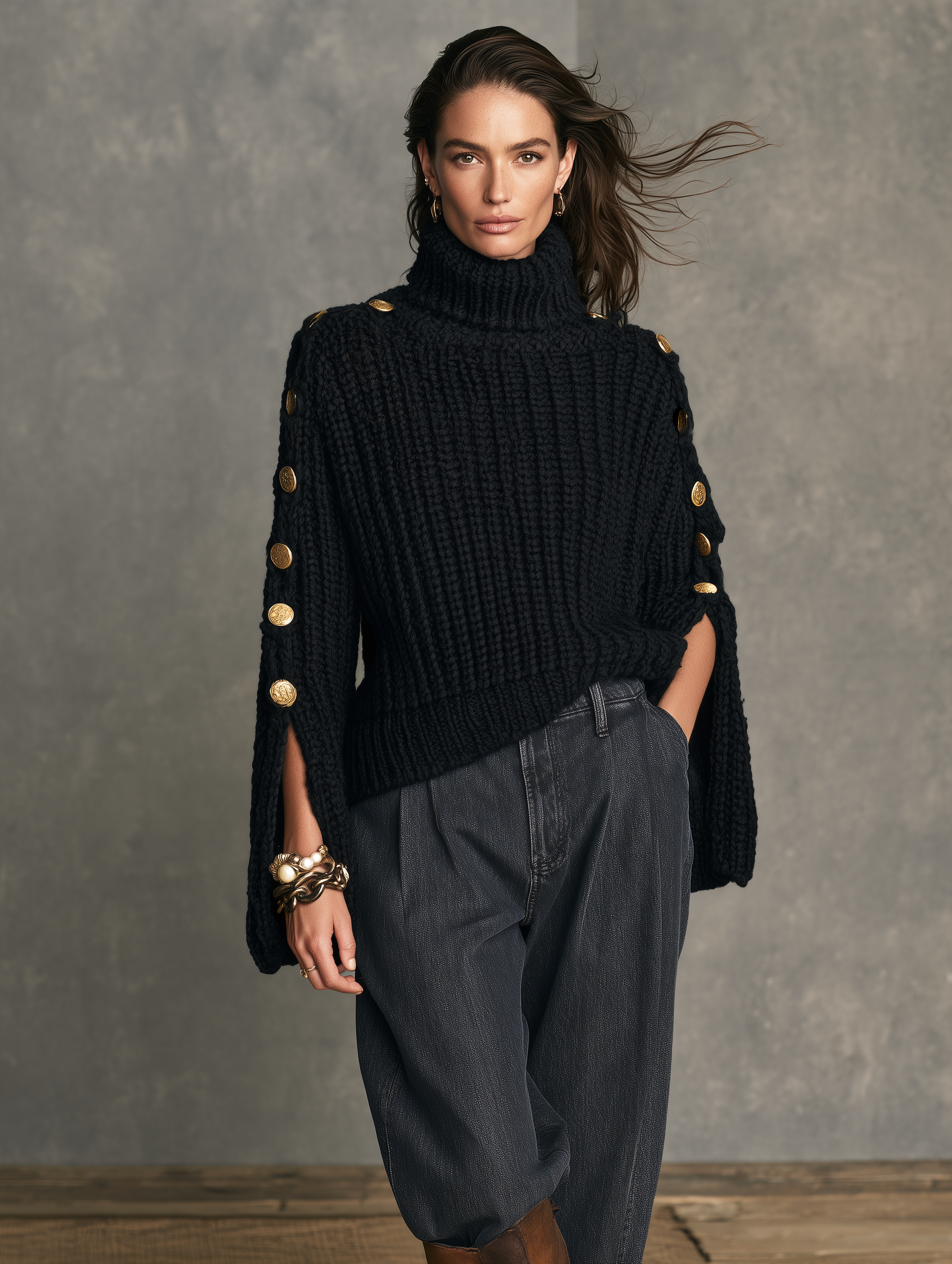 Women's Casual Black Long-sleeve Turtleneck Knit Sweater